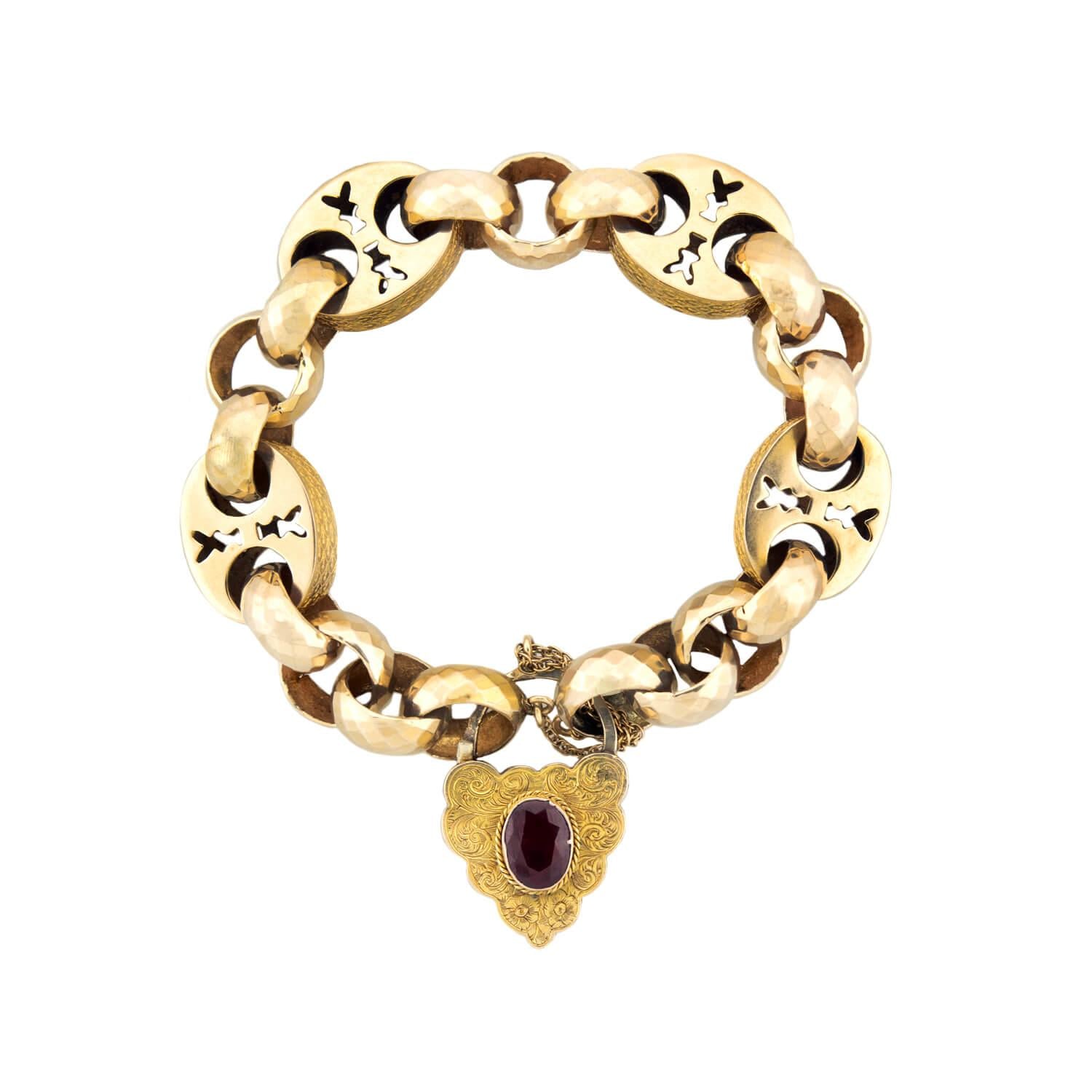 Victorian Style 14k Gold Garnet Mariner Link Padlock Locket Bracelet - Elegant Jewelry Gift for Women, Perfect for Valentine's Day, Anniversary & Special Occasions