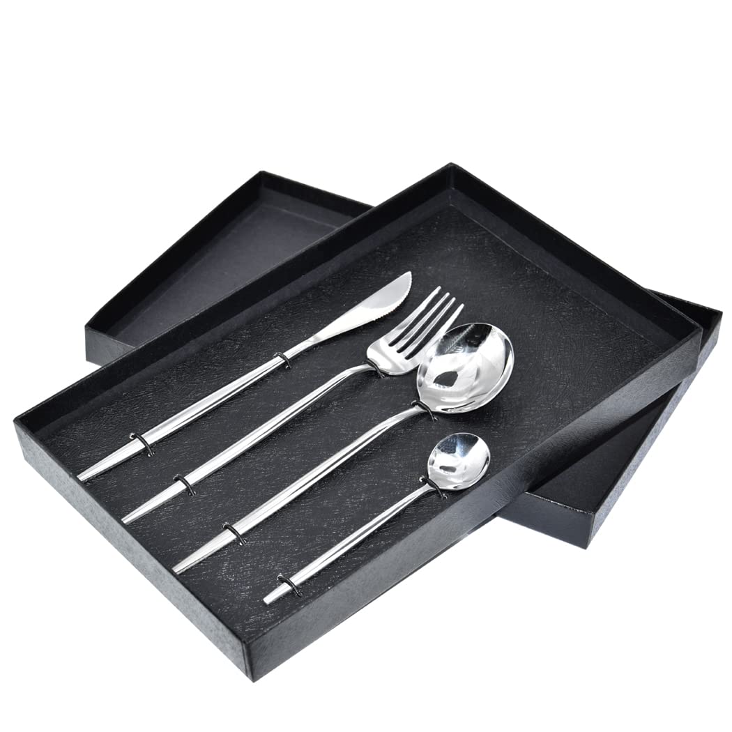 Premium Stainless Steel Knife Fork Spoon 4-Piece Tableware Set - Elegant Steak Cutlery Gift Box in Silver for Fine Dining, Wedding Gifts & Home Entertaining
