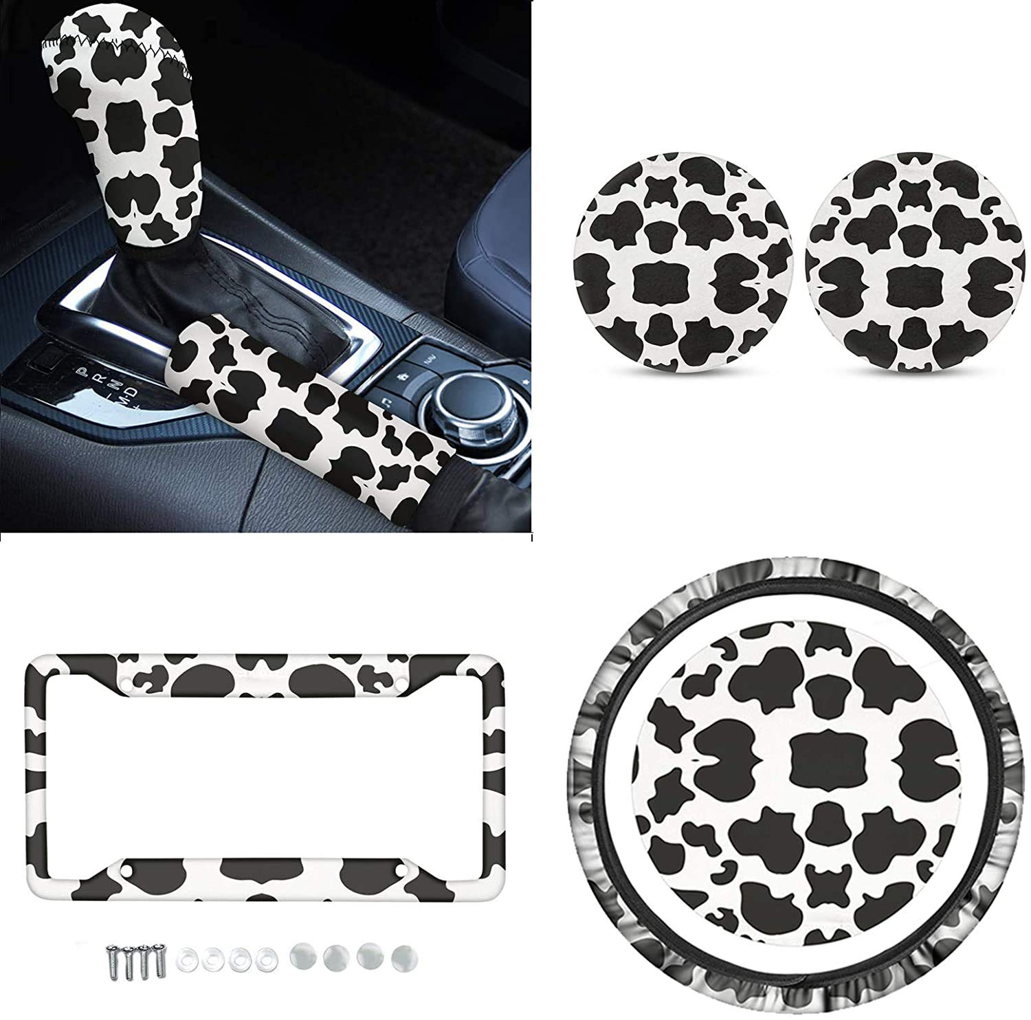 FKELYI Cute Black & White Cow Print Car Steering Wheel Cover Set - Universal Fit 15 Inch, Waterproof License Plate Frame, Cup Coaster Pads, Gear Shift & Handbrake Cover - Perfect for Animal Lovers, Country Style Cars & Themed Gift Ideas