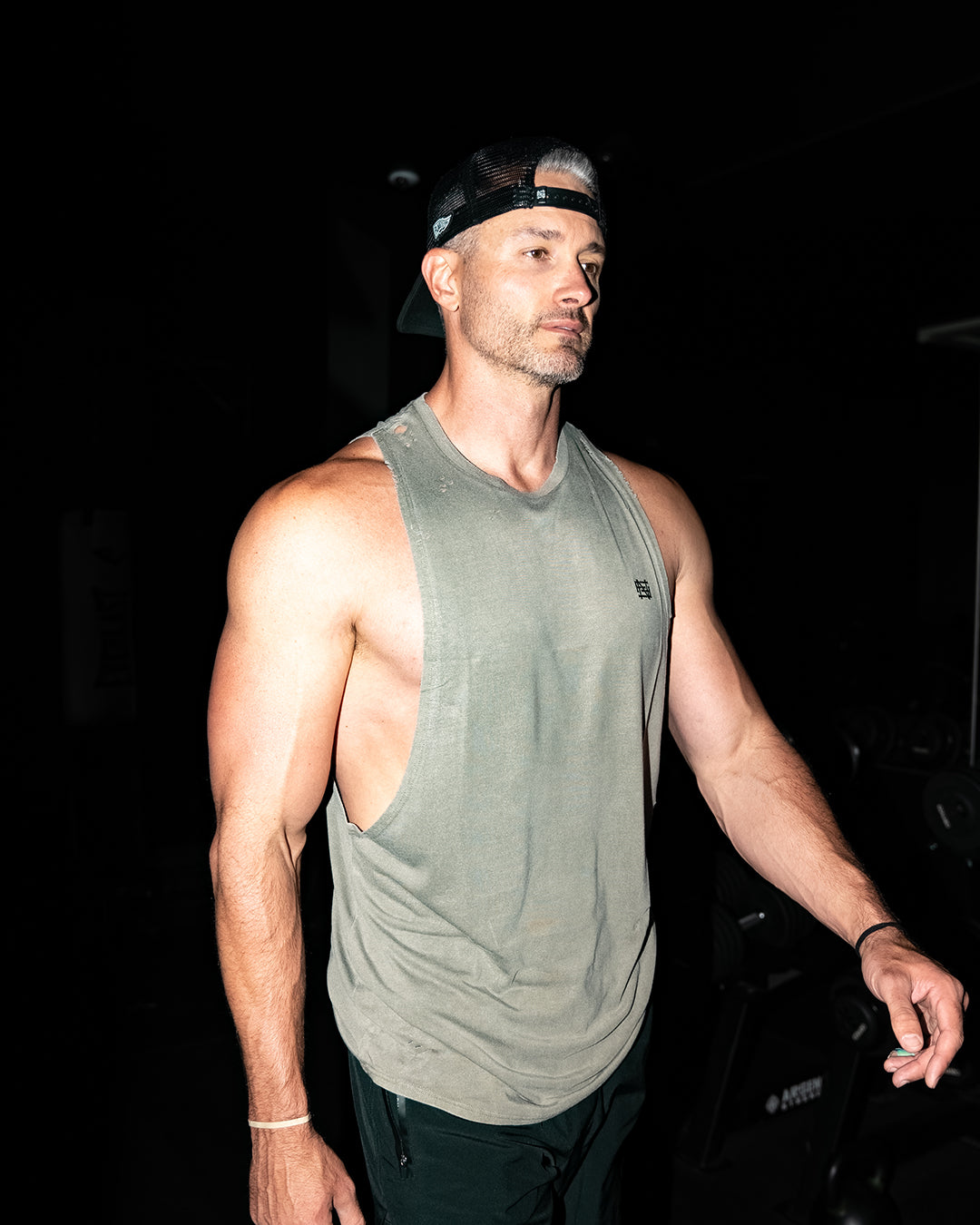 Men's Moto Distressed Muscle Tank Top - Olive Green | Vintage Biker Style Workout & Gym Shirt for Casual Wear & Street Fashion