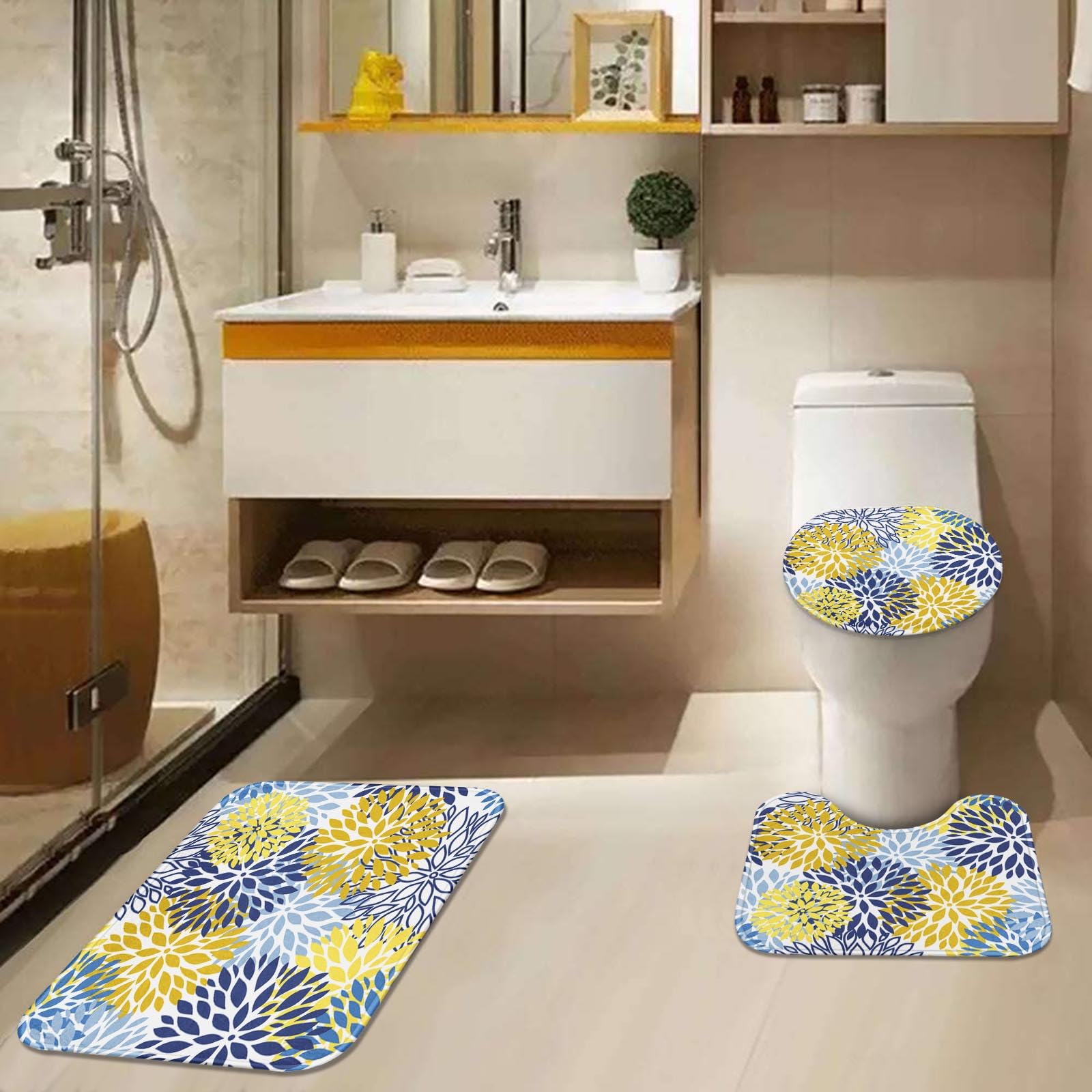 Spring Floral Bathroom Set with Shower Curtain, Rugs & Accessories - Blue Yellow Navy Flower Abstract Grey Plant Leaf Design - 4 Piece Bath Decor for Modern Home & Spa Retreat