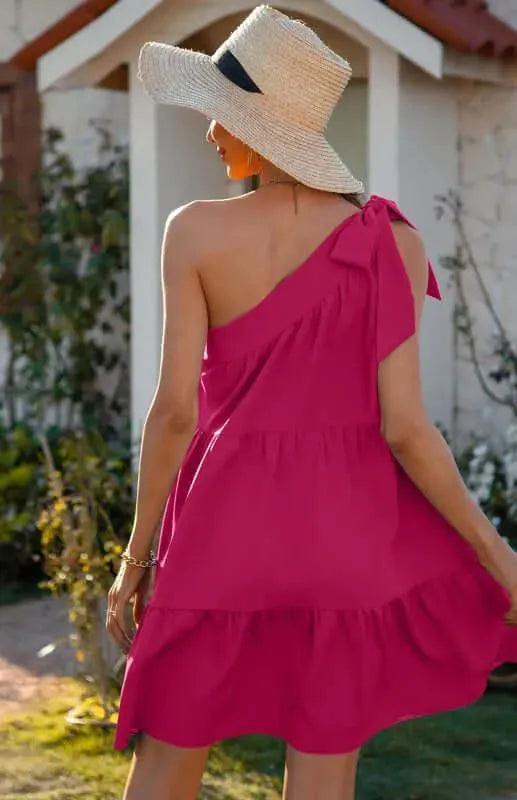 Elegant Diagonal Neck Ruffle Dress for Women - Flowy Summer Party & Wedding Guest Outfit