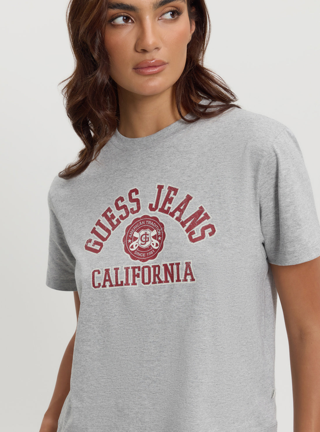 Guess Women's Grey Boxy Fit T-Shirt | Casual Short Sleeve Cotton Tee for Everyday Wear & Street Style Outfits