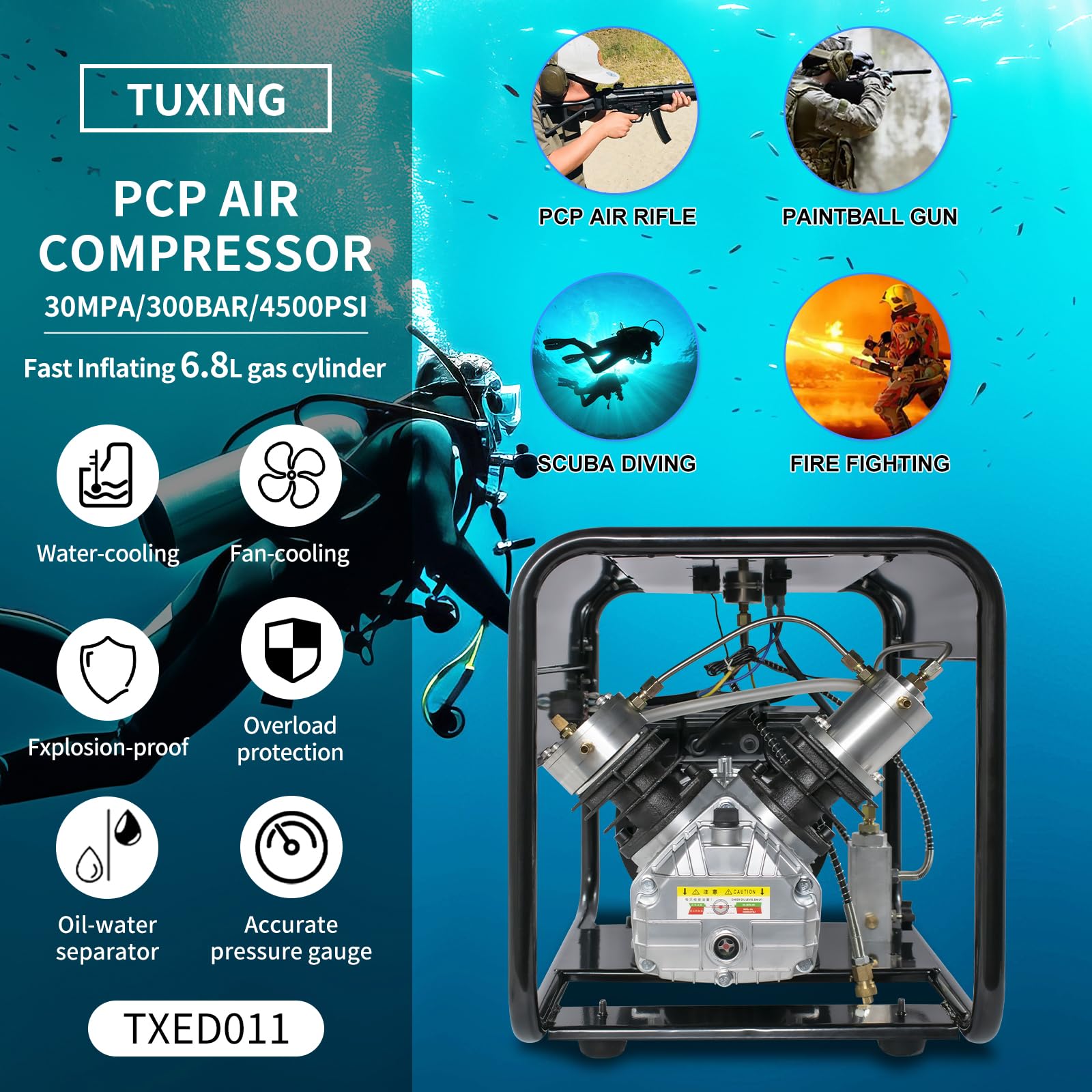 TUXING 4500Psi PCP Air Compressor, High Pressure Double Cylinder Scuba Compressor with Manual Stop - 110V 30Mpa Air Pump for PCP Rifles, Paintball Guns & 6.8L Scuba Tanks (TXED011) - Perfect for Outdoor Shooting, Diving & Paintball Sports