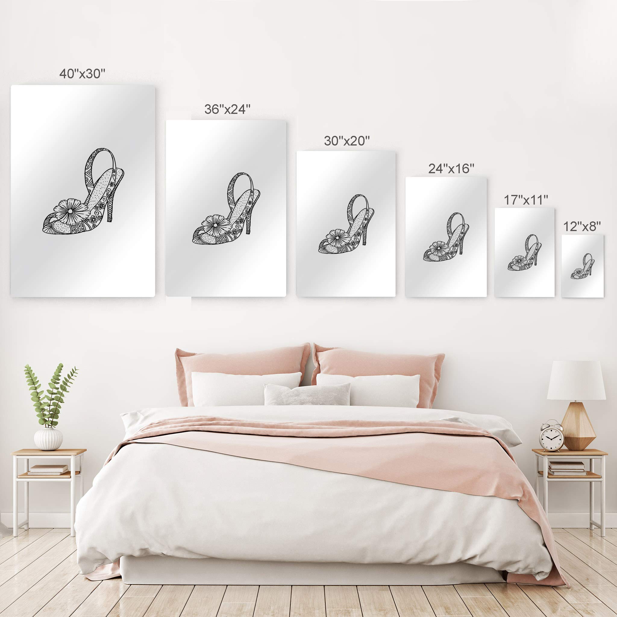 Black and White Floral High Heel Shoes Metal Wall Art Print - Glam Fashion Decor for Office, Bathroom, Teen Girl's Room, Women's Dorm & Living Room (24x16 Inches) - Perfect for Home & Office Wall Decorations