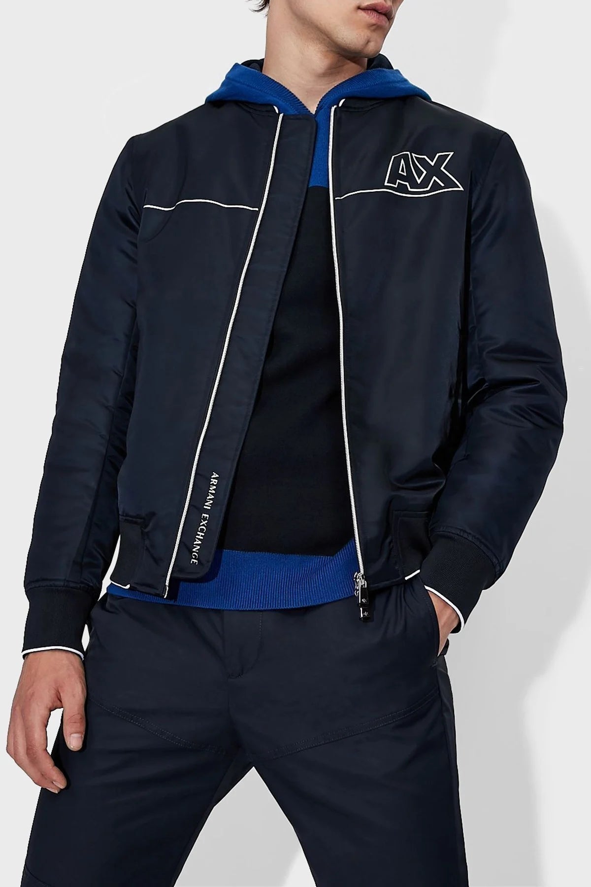 ARMANI EXCHANGE Men's Navy Blue Satin Nylon Twill Bomber Jacket | Lightweight Water-Resistant Coat for Casual Wear & Night Out