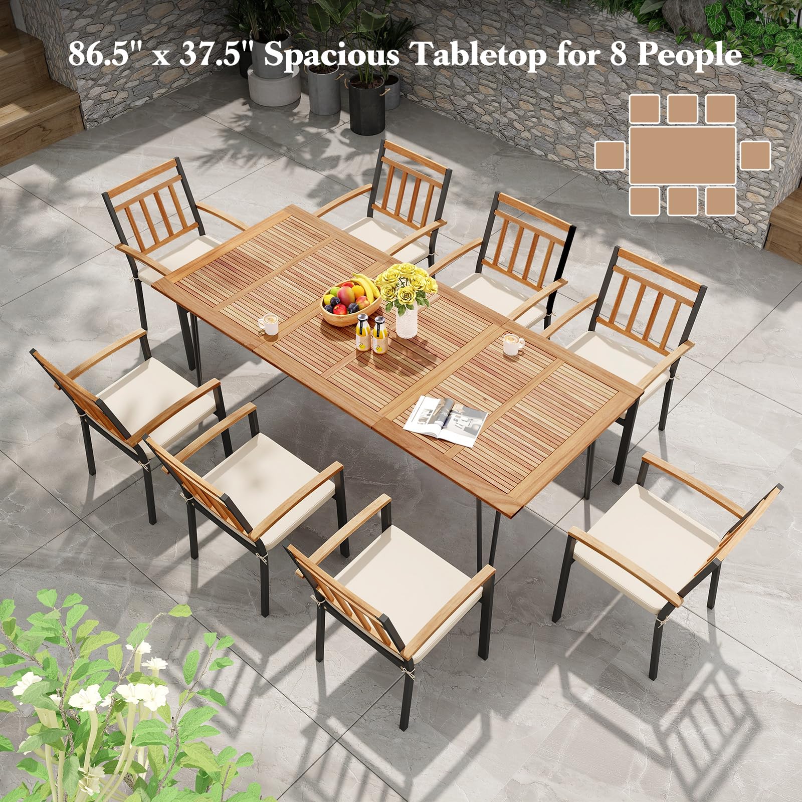 Tangkula 86.5-Inch Outdoor Dining Table with Acacia Wood Tabletop & Metal Legs - Rectangular Patio Table with Umbrella Hole for Garden, Deck, Backyard - Seats 8 People (86.5