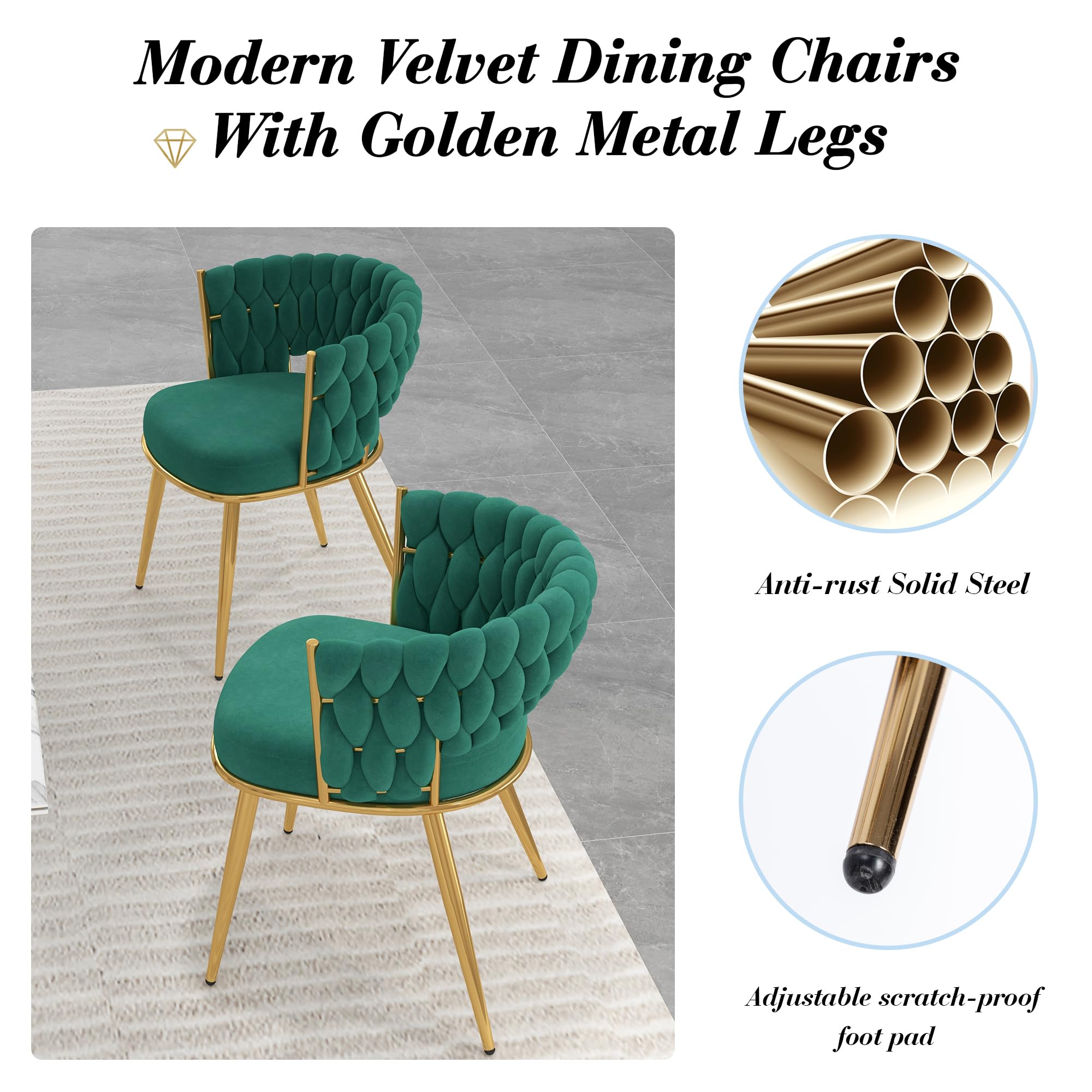 **KCC Velvet Dining Chairs Set of 2 - Modern Gold Upholstered Chairs with Metal Legs for Dining Room, Kitchen, Living Room & Vanity - Soft Woven Fabric, Elegant Green - Perfect for Home Decor, Entertaining & Small Spaces**