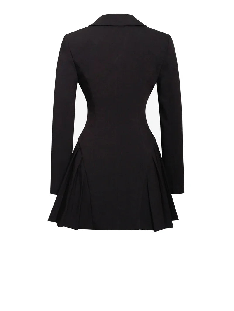 Women's Autumn Black Blazer Mini Dress - V Neck, Single-Breasted, Long Sleeve, High Waist Pleated Sexy Dress for Office, Party & Date Night