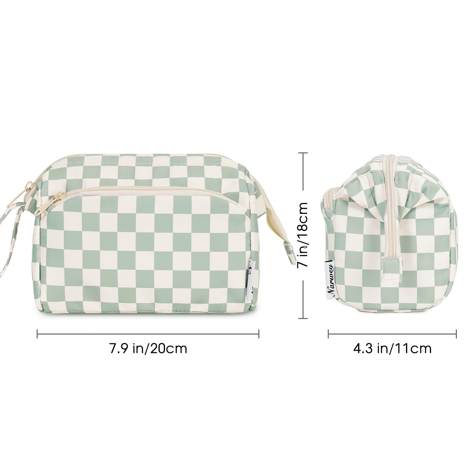 Narwey Checkered Makeup Bag for Women - Large Open Cosmetic Organizer, Travel Toiletry Bag with Checkerboard Design - Perfect for Cosmetics, Brushes & Travel Essentials (Mint Green) | Ideal for Travel, Gym & Daily Makeup Storage
