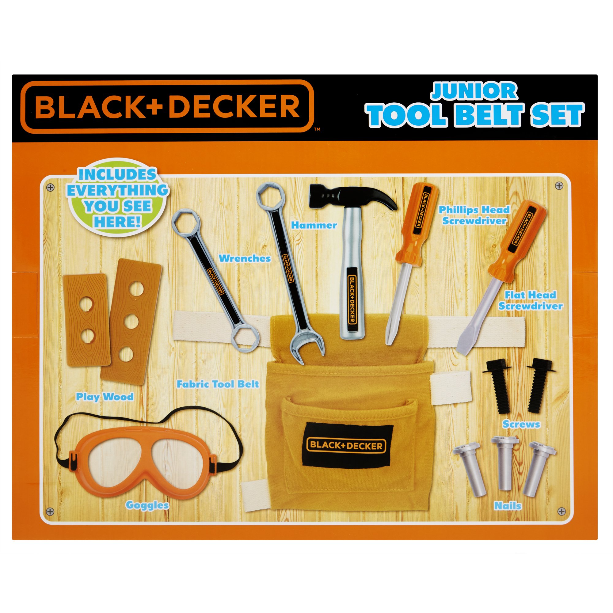 Black & Decker Junior 14-Piece Toy Tool Belt Set for Kids - Pretend Play Construction Tools with Storage Bag - Perfect for DIY Role Play, Birthday Gifts & Early Learning Development