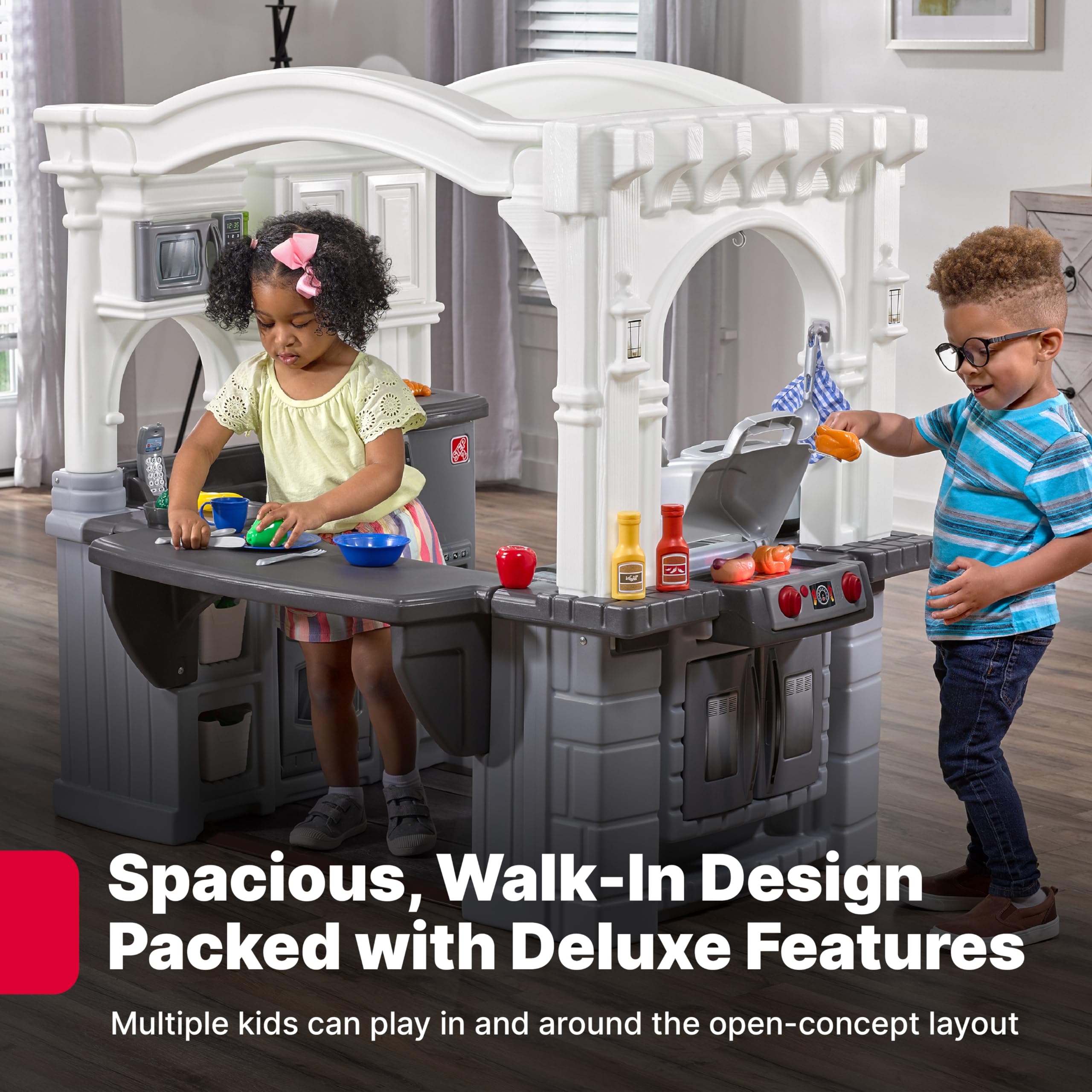 Step2 Grand Walk-in Kitchen & Grill Kids Playset - Indoor/Outdoor Pretend Play Kitchen with Lights & Sounds - 103-Piece Toy Accessories for Toddlers 2+ Years - Durable Plastic Playhouse for Backyard, Playroom & Preschool (Gray/White)