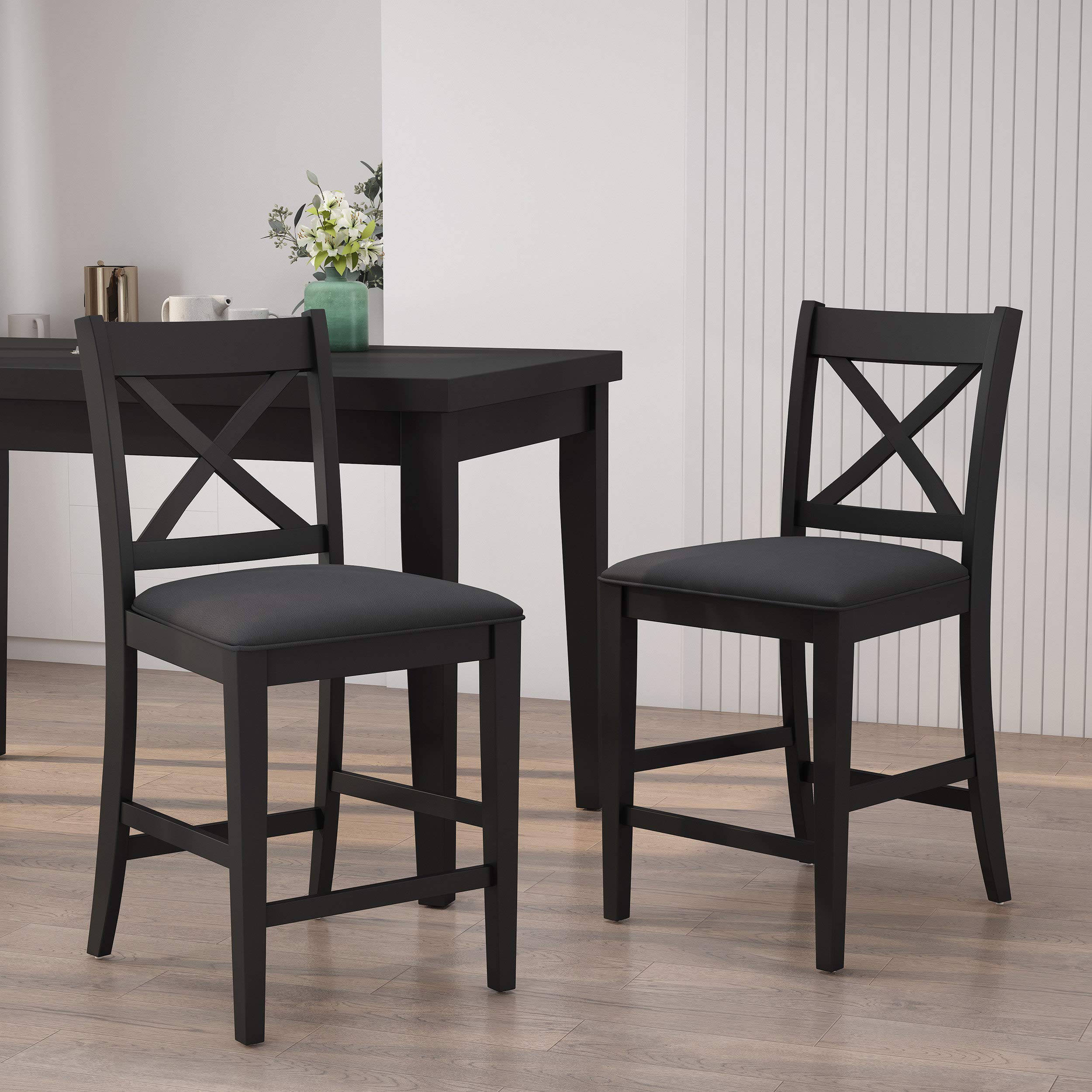 Christopher Knight Home Emory Counter Stool Set of 2, Black Bar Stools for Kitchen Island, Breakfast Nook & Home Bar - Modern Counter Height Stools with Metal Frame