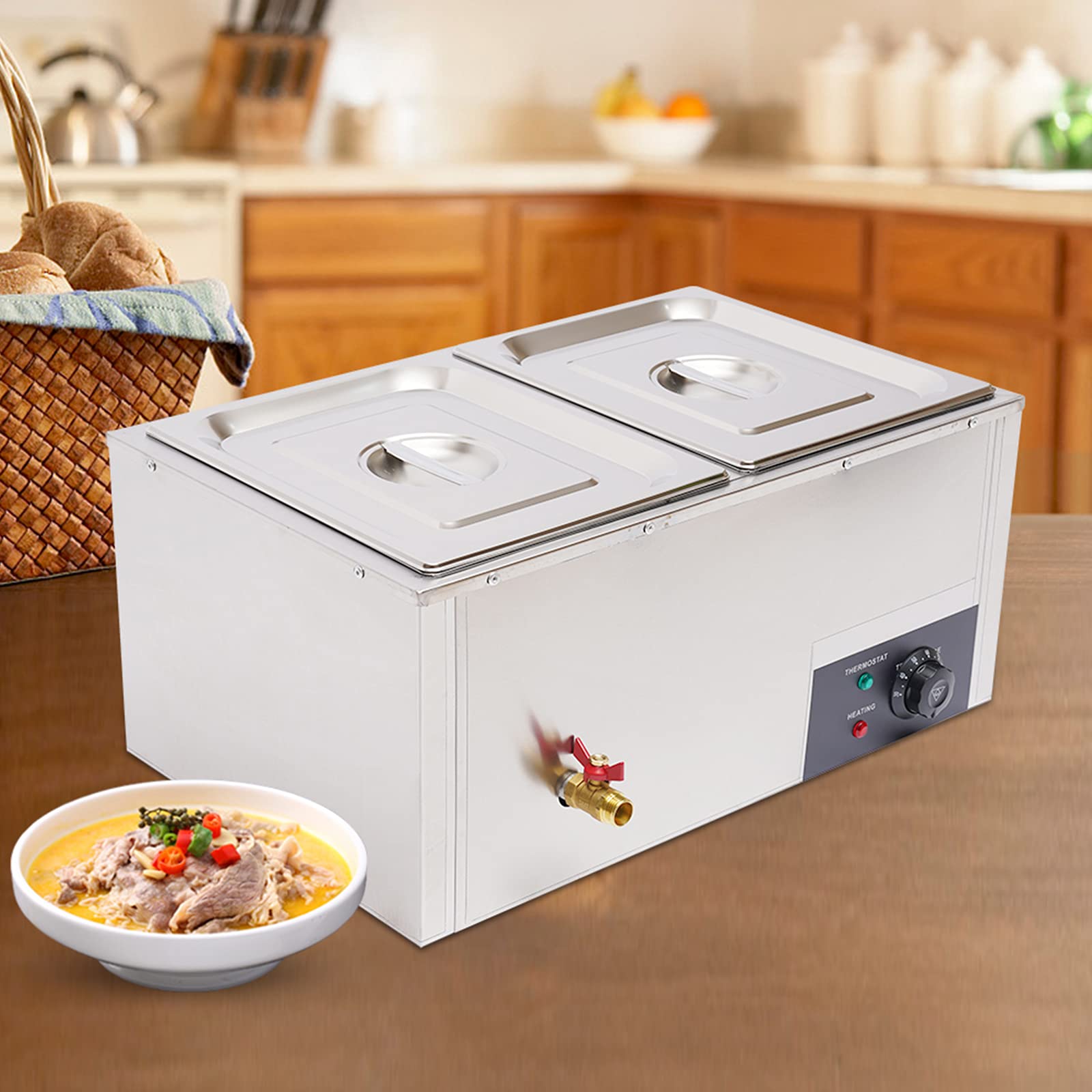 Commercial Stainless Steel 2-Pan Electric Steam Table Food Warmer - 110V 850W 10L Large Capacity Bain-Marie for Buffet, Catering & Restaurant Use - Perfect for Keeping Food Hot at Events, Parties & Self-Service Stations