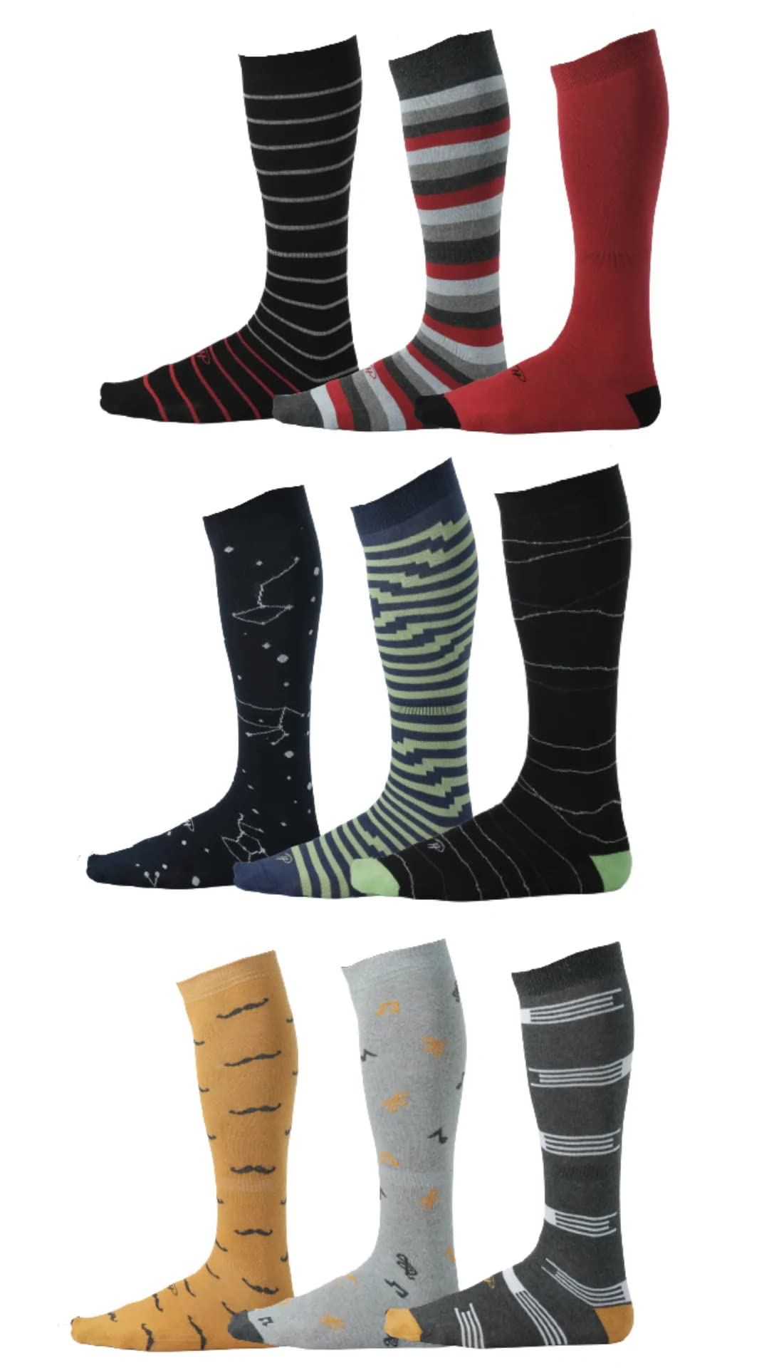 Pierre Henry Men's Over the Calf Dress Socks - 9 Pairs Colorful Funky Cotton Socks for Business, Casual & Formal Wear - Perfect for Office, Parties & Special Occasions