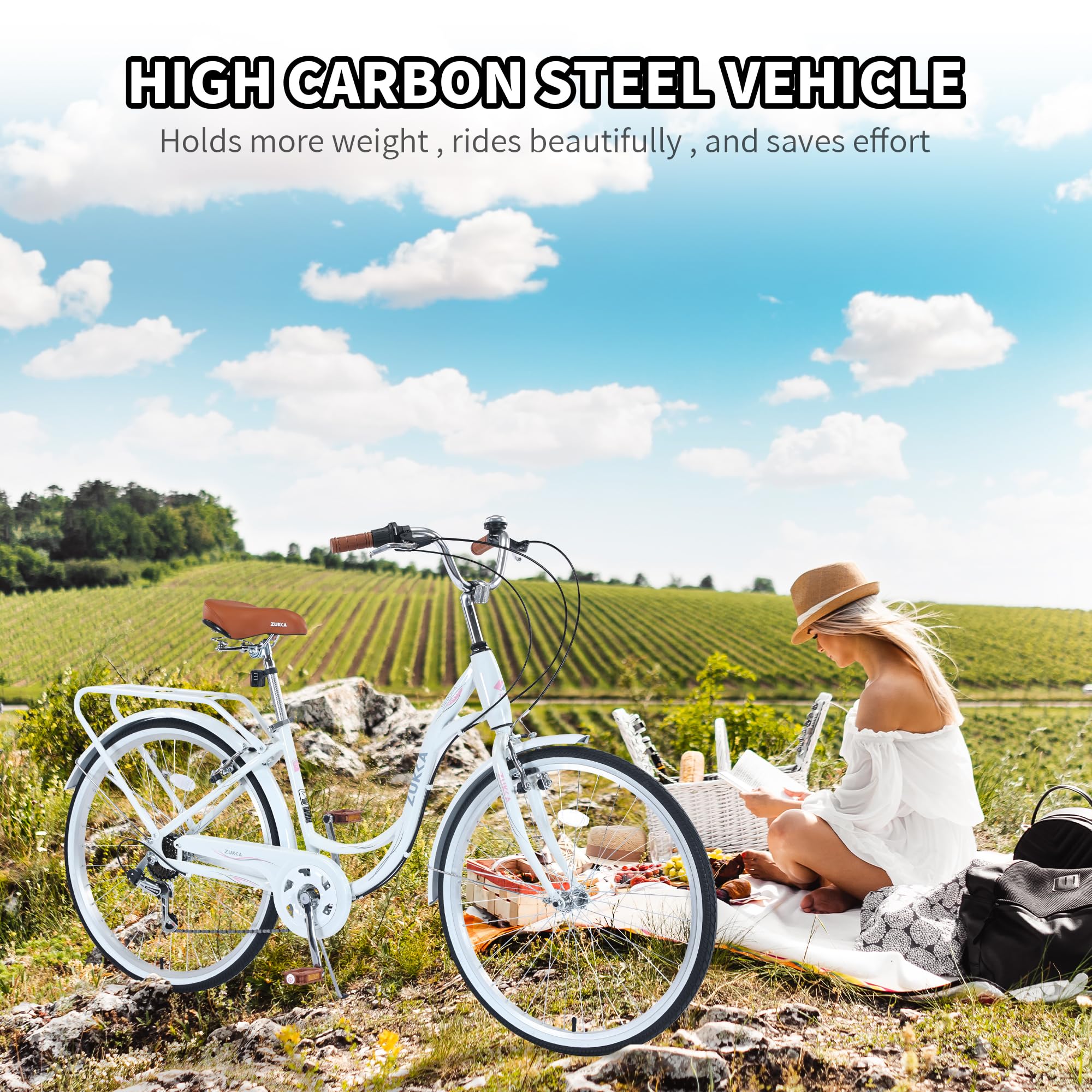 26 Inch Women's Beach Cruiser Bike - 7 Speed Hybrid Bicycle with Adjustable Seat, Lightweight Frame & Anti-Skid Tires | Front & Rear V-Brakes for Coastal Rides, Park Trails & City Commuting