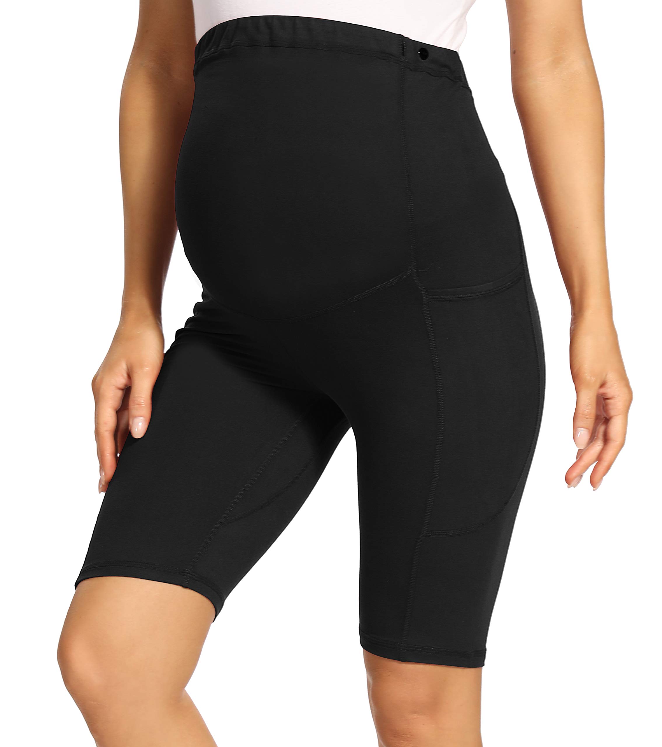 Foucome Women's Maternity Over The Belly Yoga Shorts - Super Stretch Workout & Running Bike Shorts with Side Pockets - 9