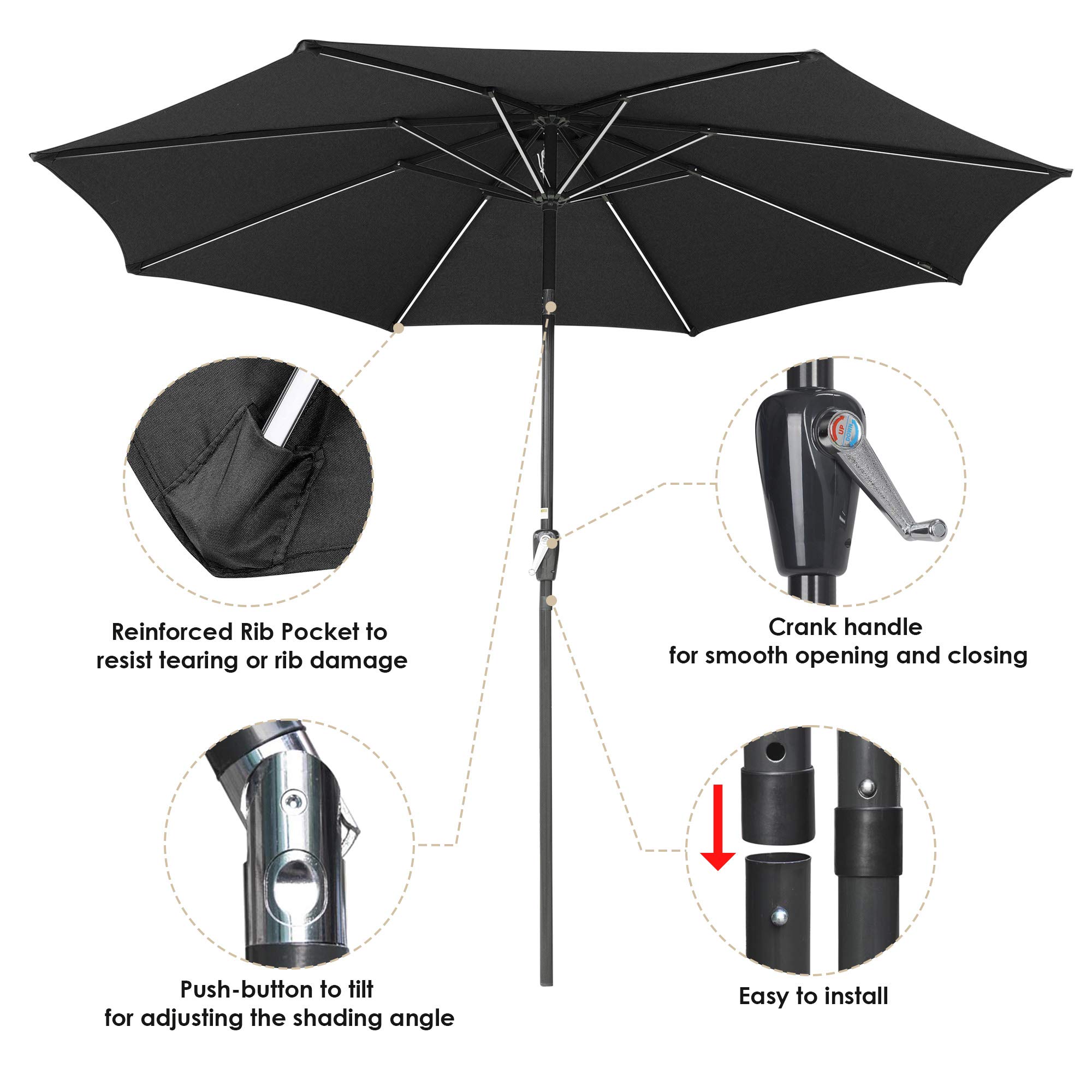 Yescom 10FT Solar Powered LED Light Bar Patio Umbrella with Tilt Crank - Aluminum Market Umbrella for Backyard, Pool Deck, Cafe & Garden - Weatherproof Outdoor Lighting for Nighttime Use