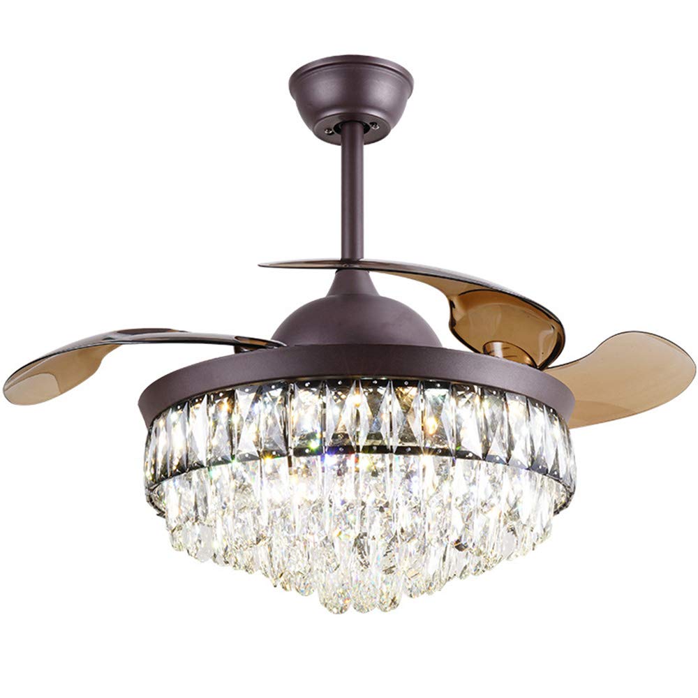 42 Inch Modern Crystal Ceiling Fan with LED Lights & Remote Control - 3 Speed, 3 Color Retractable Blades - Brown Finish Chandelier Fandelier for Dining Room, Living Room, Bedroom | Energy Efficient Cooling & Elegant Lighting Solution
