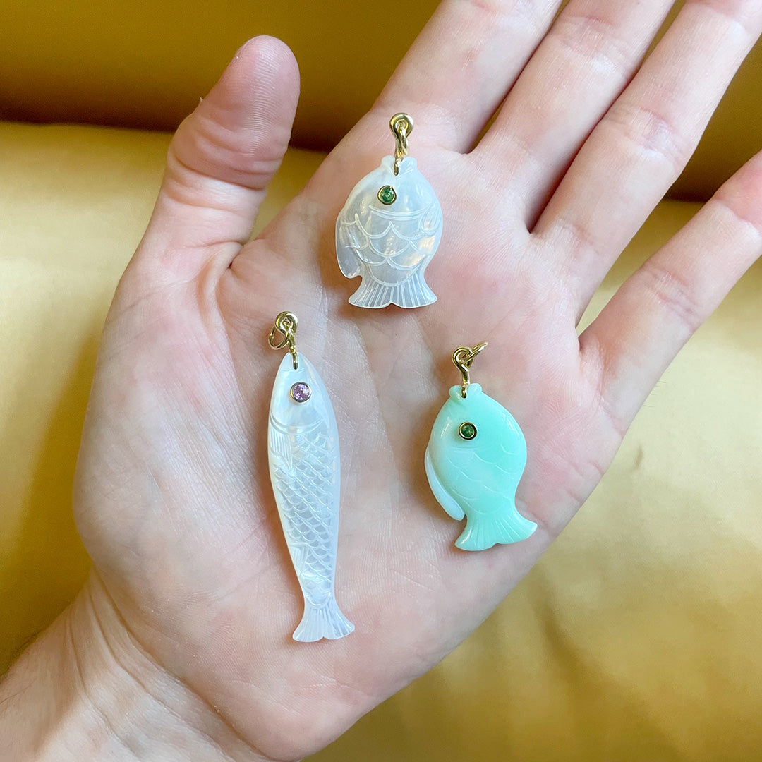 14K Gold Fish Pendant with Mother of Pearl & Tsavorite Gemstones - Elegant Jewelry Gift for Women, Perfect for Birthdays, Anniversaries & Special Occasions