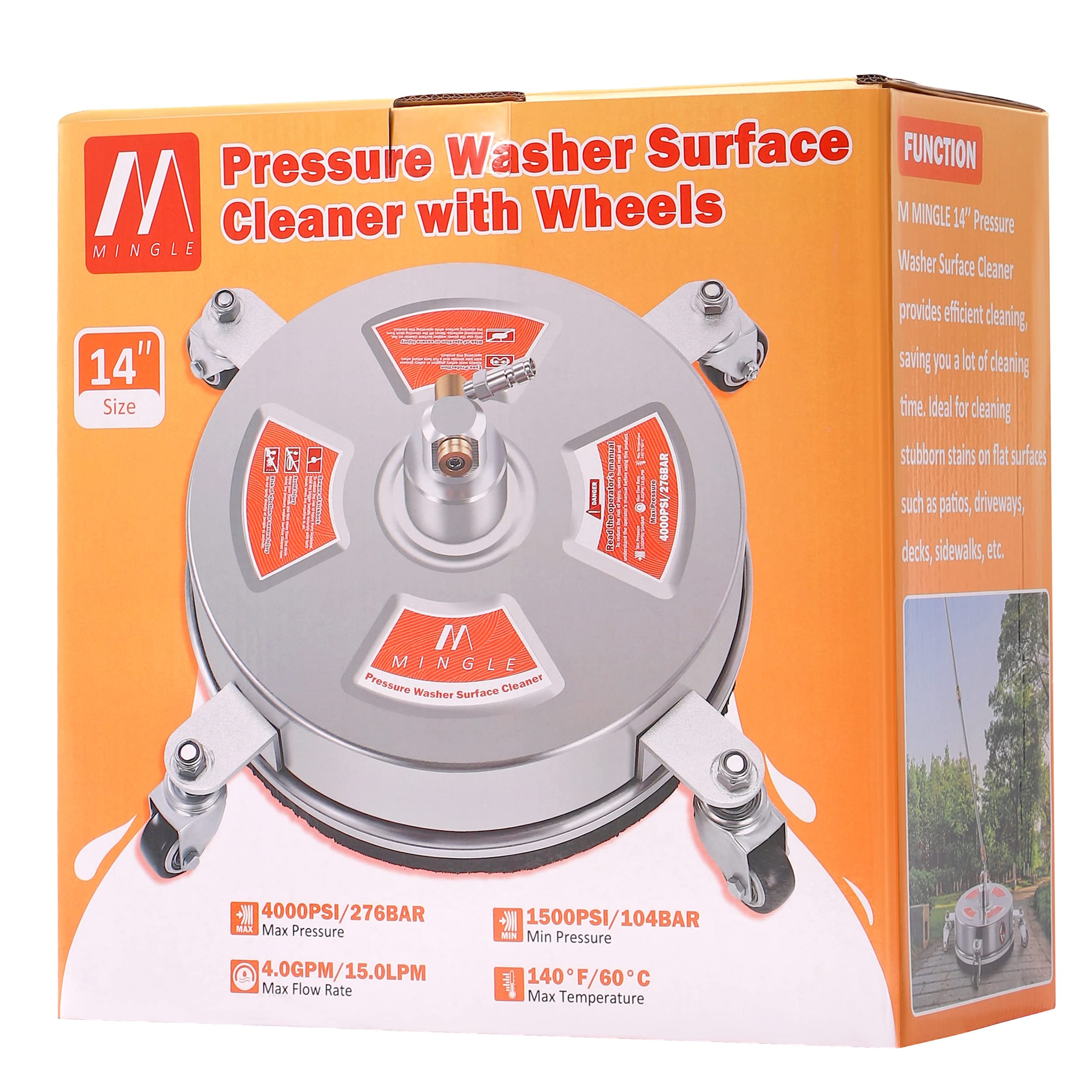 M MINGLE 14'' Pressure Washer Surface Cleaner Attachment - Driveway Power Washer Accessory with 2 Extension Wands & 1/4