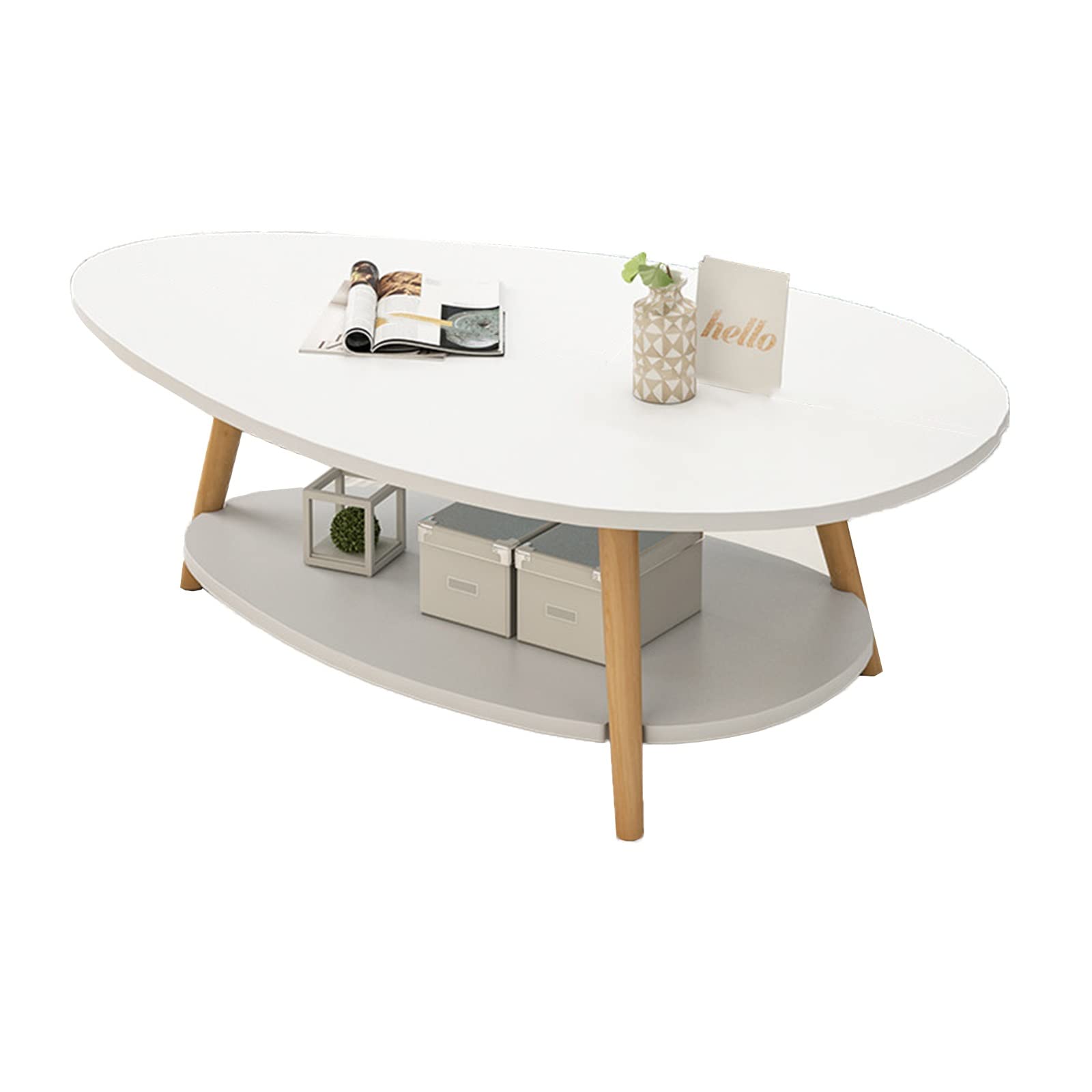Modern Oval Coffee Table with Storage - 2-Tier Wooden Living Room Table for Small Spaces, Kitchen & Dining Area - 35.4