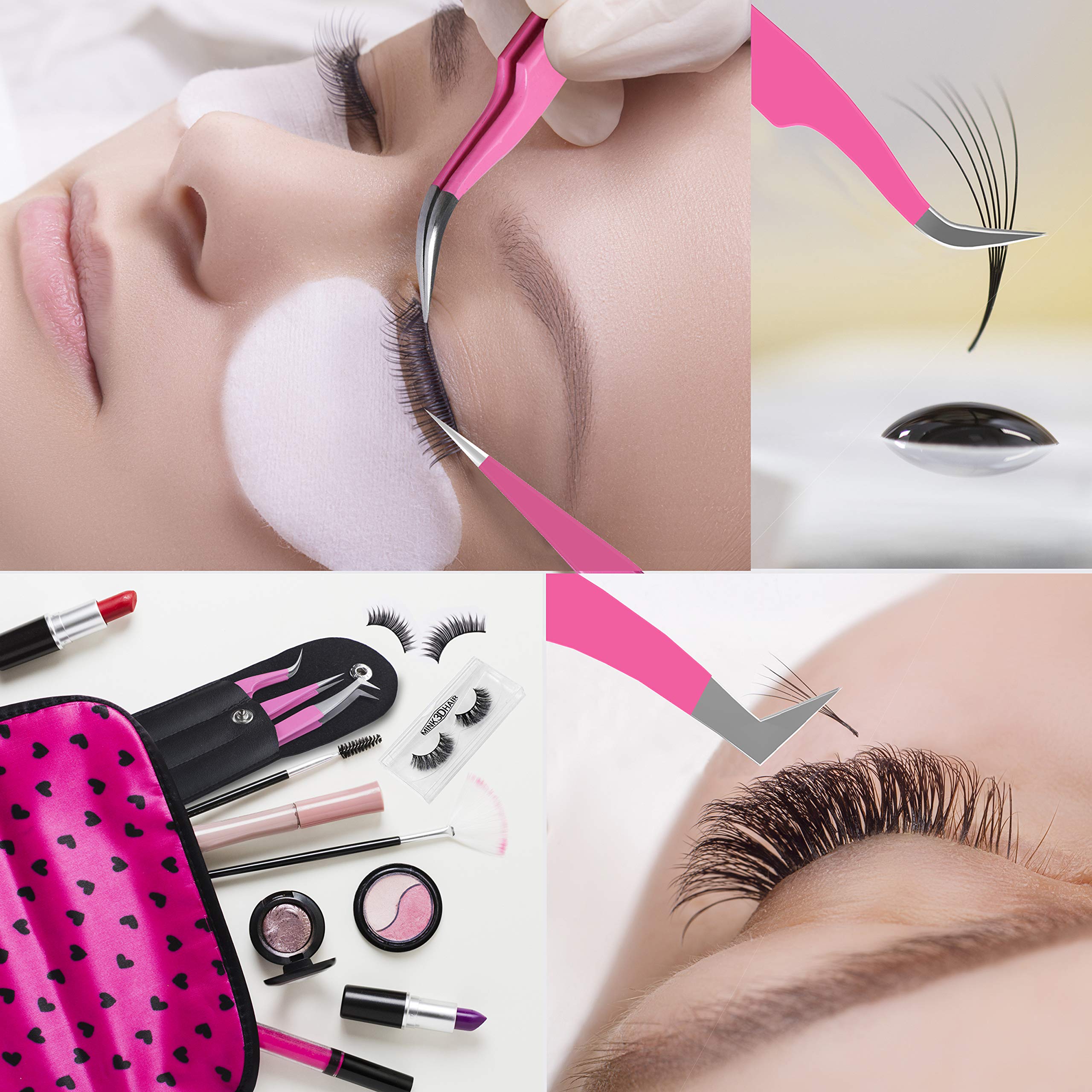 SIVOTE Eyelash Extension Tweezers Set - 3 Pack Pink for Volume, Isolation & Classic Lashes | Professional Lash Tools for Salon & Home Use