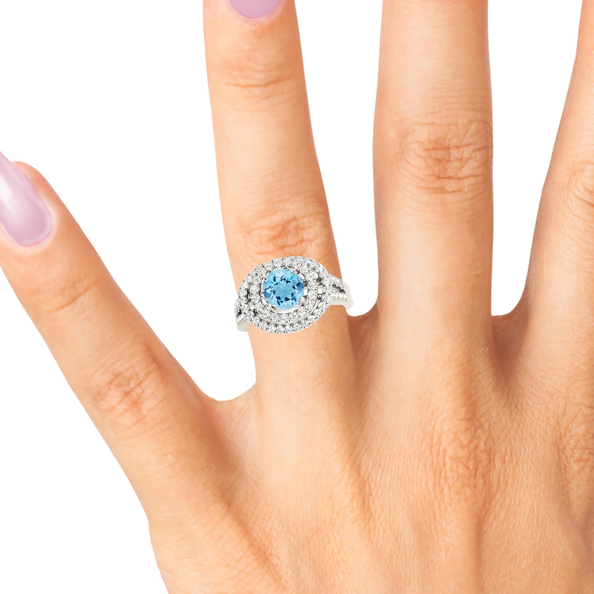 1.10 Carat Genuine Aquamarine Ring with Double Row Halo & Split Diamond Band - Elegant Wedding, Engagement, Anniversary Gift for Her
