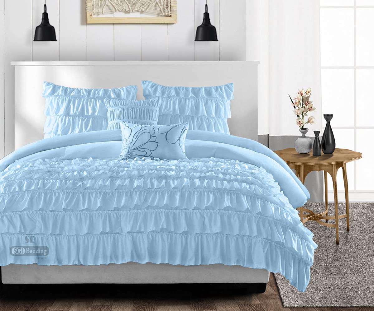 King Size Light Blue Comforter Set - 300 GSM Plush Siliconized Microfiber Fill with Ruffled Design | Box Stitched Quilted Duvet Insert & Matching Pillowcases | Ultra Soft Bedding for Cozy Sleep & Luxury Bedroom Decor