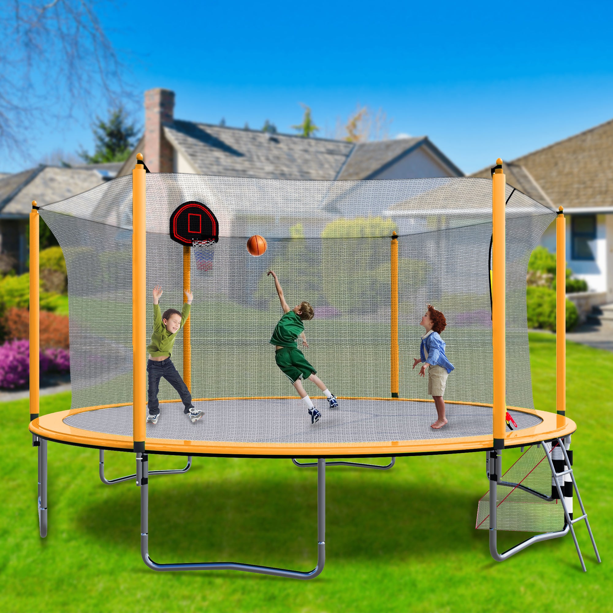 16FT Trampoline with Basketball Hoop, Pump & Ladder - Includes Inner Safety Enclosure & Soccer Goal - Orange - Perfect for Backyard Fun, Kids Outdoor Play & Family Fitness Activities