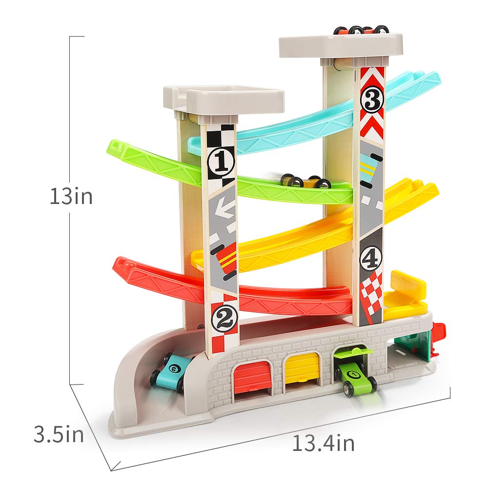 TOP BRIGHT Car Ramp Toys for Toddlers - 4-in-1 Race Track Set with 4 Toy Cars, Parking Lot & Gas Station - Fun Educational Toys for 2-4 Year Old Boys & Girls - Perfect for Indoor Playtime, Birthday Gifts & Preschool Learning Activities