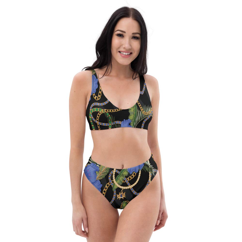 Eco-Friendly High Waisted Bikini Set for Women - Blue Floral & Zebra Stripe Swimwear - Sustainable Black Bathing Suit for Beach, Pool & Summer Vacations