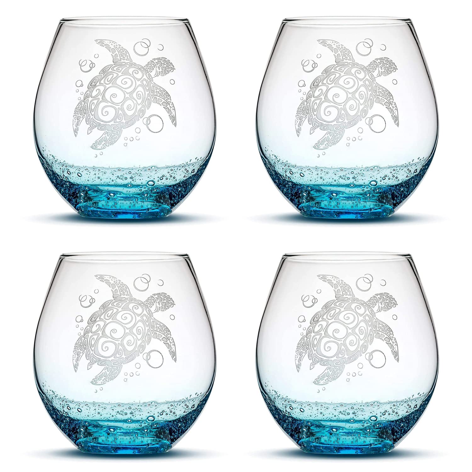 Handblown Tribal Sea Turtle Stemless Wine Glasses - Set of 4, 18oz Sand Carved Bubbly Turquoise Glasses, Handmade & Hand Etched Glassware - Perfect for Beach Parties, Wedding Gifts & Home Decor