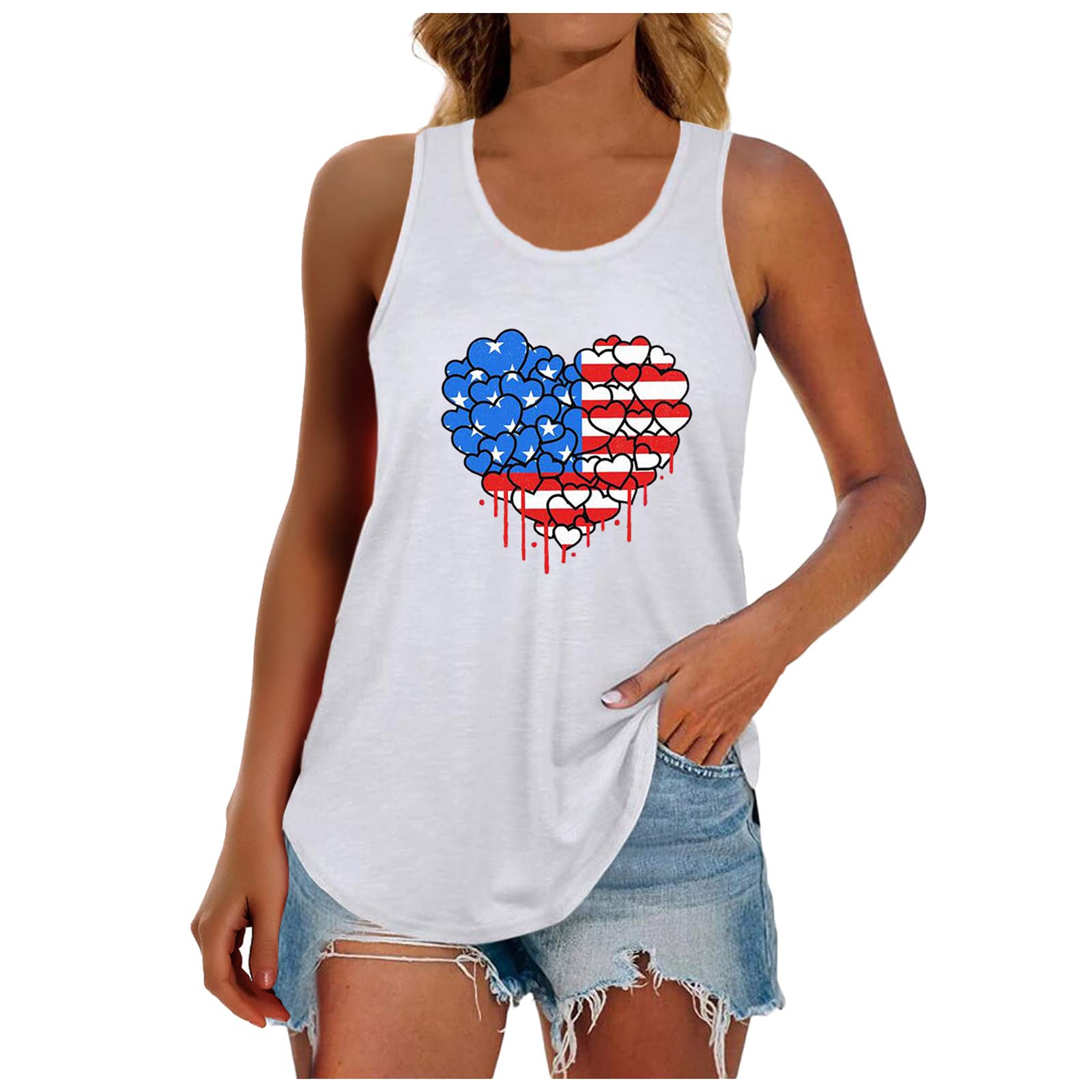 Women's Summer Tank Tops - 4th of July Patriotic Round Neck Pullover Blouse for Travel & Outdoor Activities (White, XL) | Perfect for Beach Vacations, BBQs & Independence Day Celebrations
