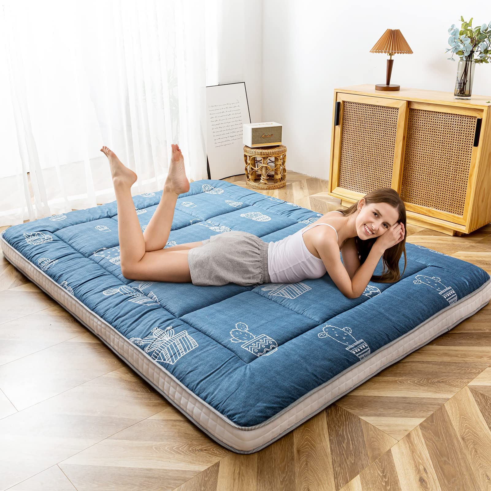 MAXYOYO Queen Size Futon Mattress - Grey Cactus Pattern Japanese Floor Mattress, Extra Thick Quilted Tatami Bed with Breathable Folding Design | Perfect for Guest Rooms, Camping & Couch Sleeping