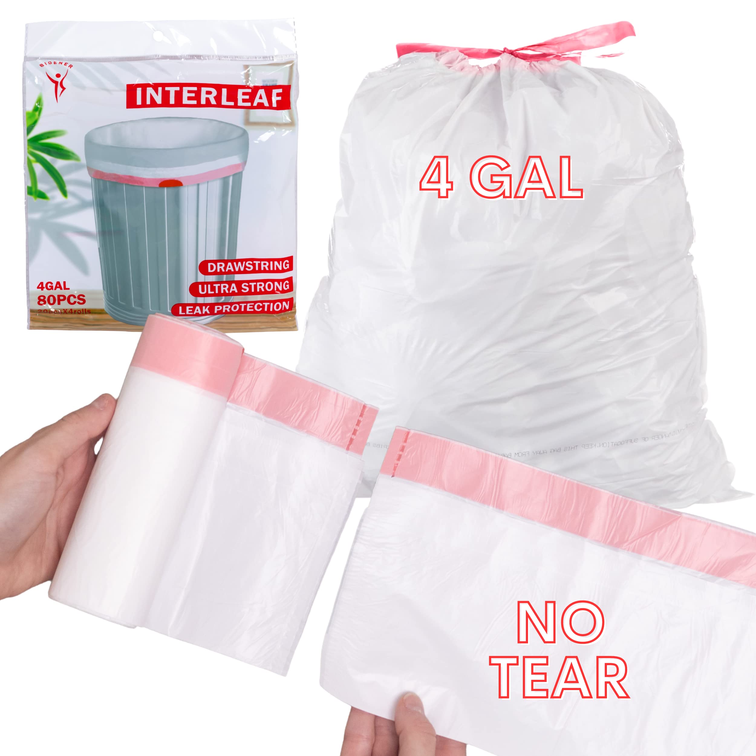 Bidener 4 Gallon Small Trash Bags with Drawstring - Leakproof & Tear-Resistant Bathroom Garbage Bags for Home, Office, Kitchen, Bedroom & Car - 80 Count Pack | Perfect for Waste Bins, Diaper Disposal & Daily Cleaning