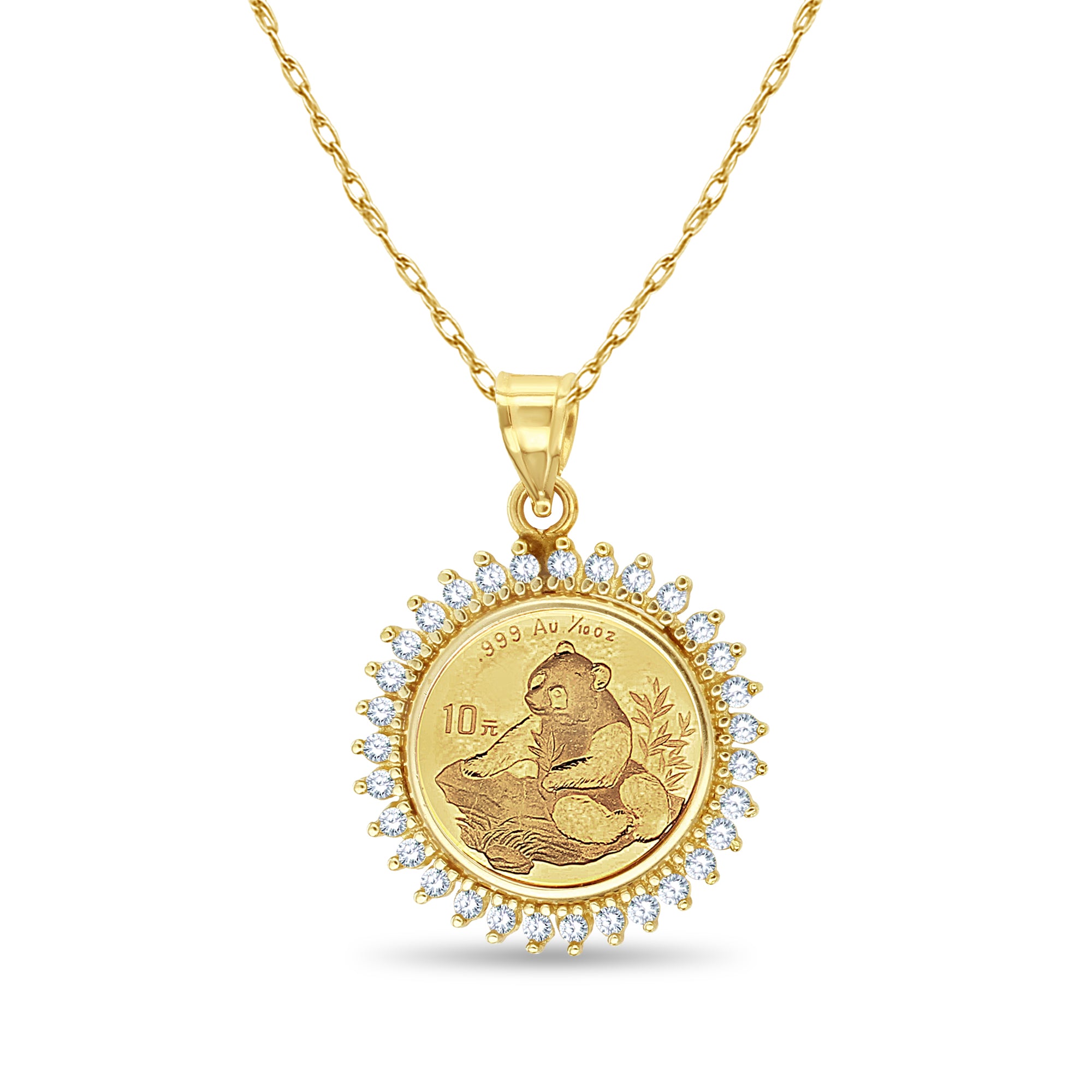 1/10 oz Chinese Panda Gold Coin Diamond Halo Pendant Necklace - Elegant Jewelry Gift for Women, Perfect for Anniversaries, Birthdays & Special Occasions