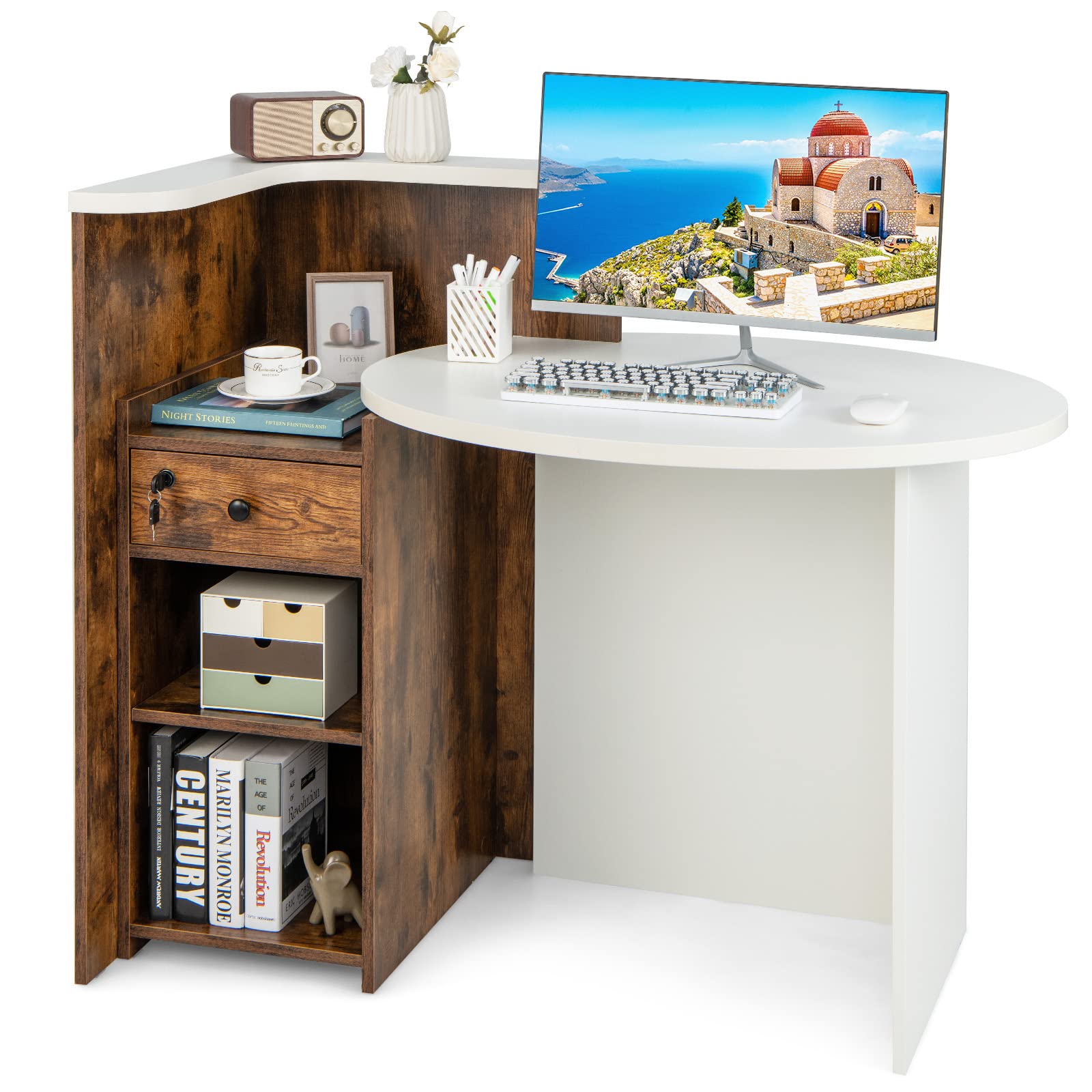 Tangkula Oval Reception Desk with Lockable Drawer & Adjustable Shelf - 60