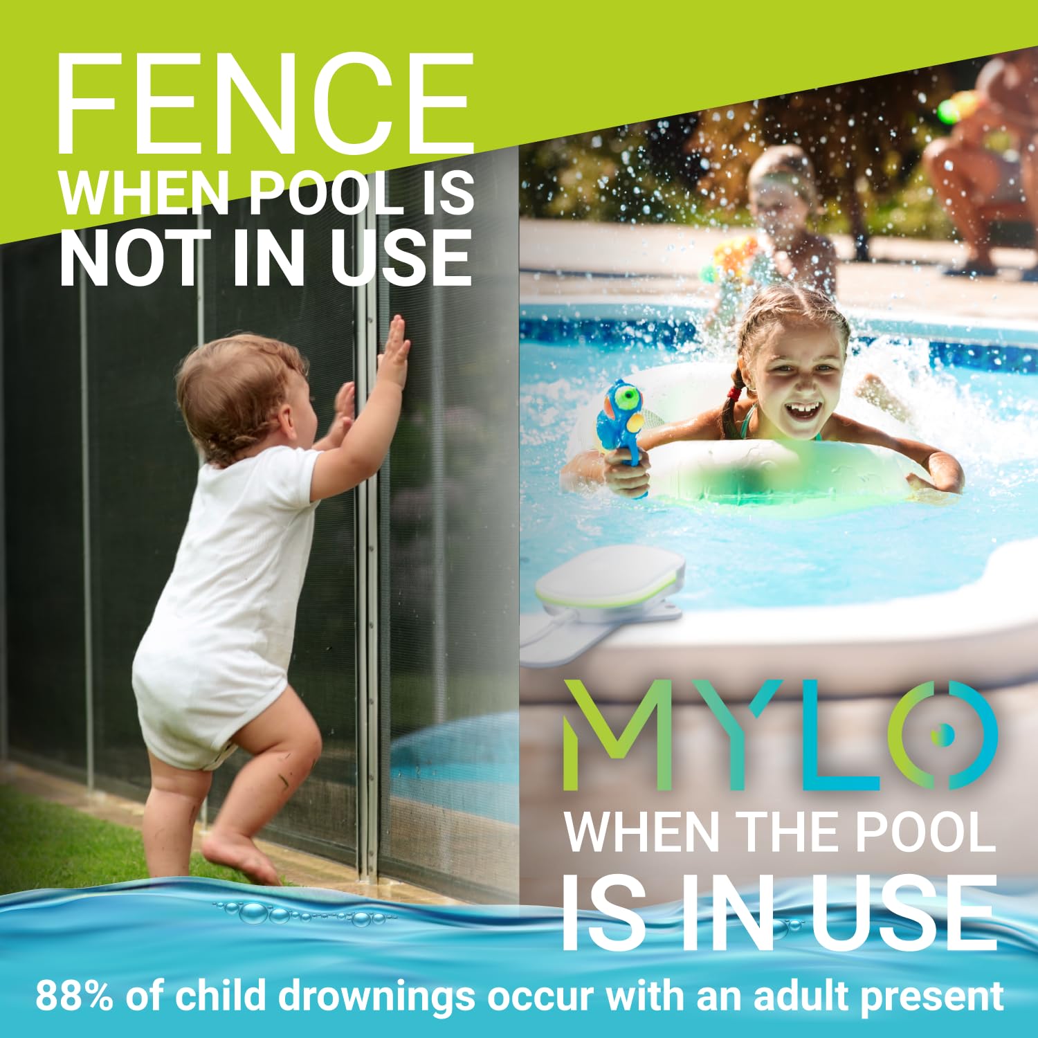 MYLO Smart AI Pool Alarm with Dual Cameras - Underwater Drowning Detection System for Inground & Above Ground Pools - Child Safety Swimming Pool Monitor (White) - Perfect for Backyard, Vacation Homes & Family Water Safety