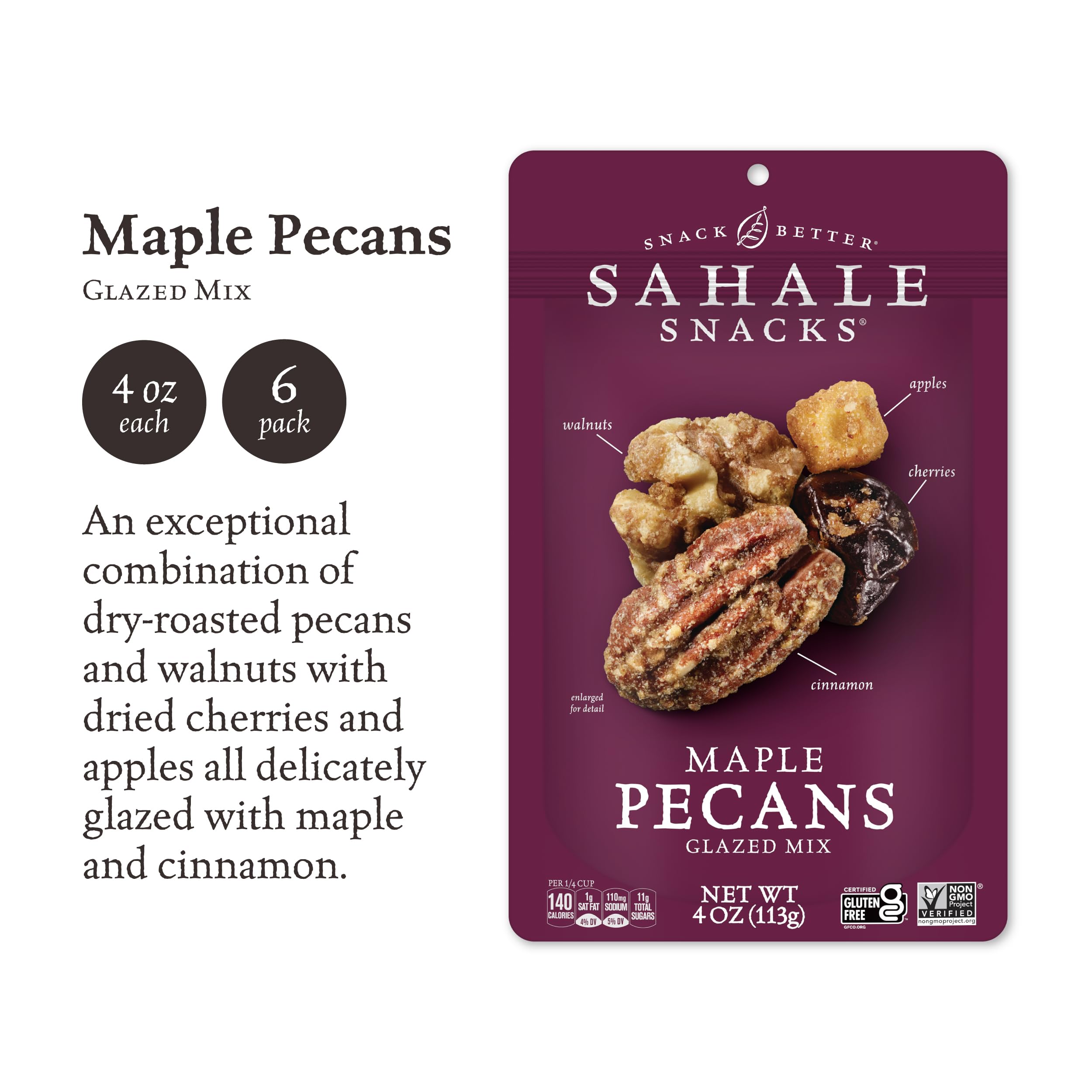 Sahale Snacks Maple Pecans Glazed Mix - 4 oz Pouches (6 Pack) | Dry-Roasted Deluxe Mixed Nuts with Cherries, Apples & Cinnamon | Non-GMO, Kosher, Gluten-Free Snacks | Perfect for Hiking, Office Snacks & Healthy On-the-Go Treats