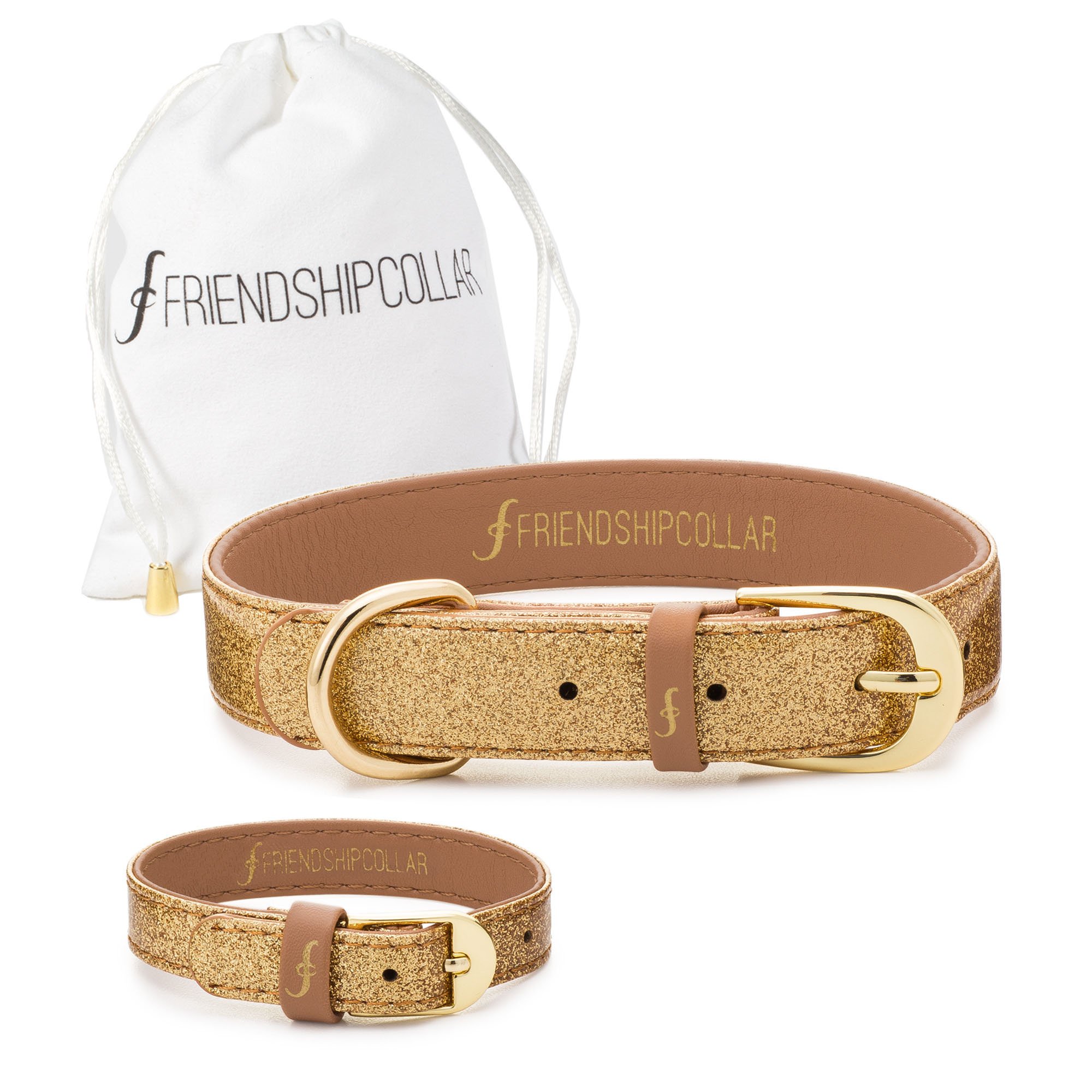 Sparkly Gold Dog Collar & Matching Friendship Bracelet Set - Small Size for Small Dogs - Perfect for Pet Fashion & Best Friend Gifts