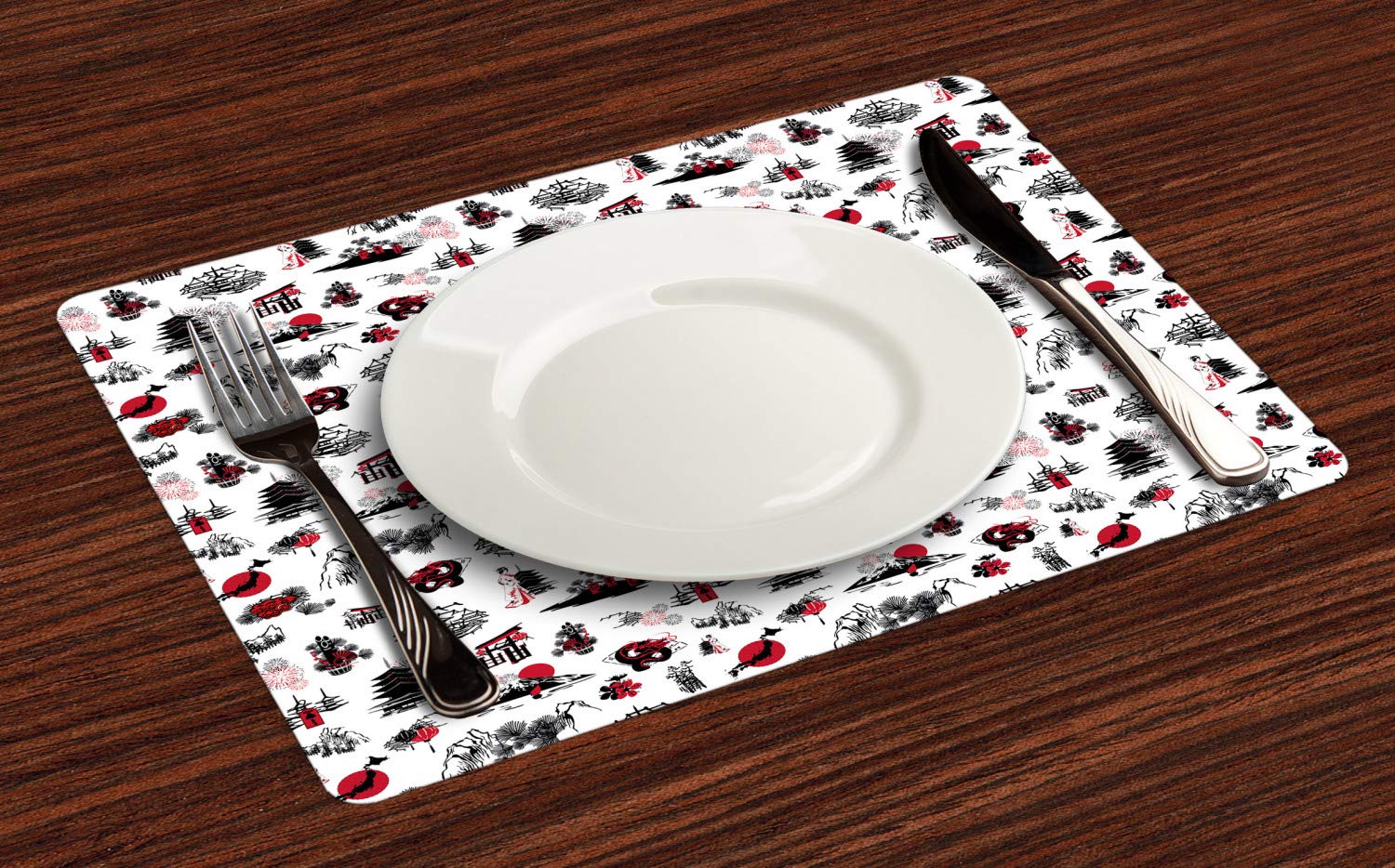 Ambesonne Asian Place Mats Set of 4 - Japanese Architecture Towers & Dragon Silhouette Design - Washable Fabric Table Mats for Dining Room & Kitchen Decor (Dark Coral Black White) - Perfect for Asian-Themed Dinner Parties & Home Decor