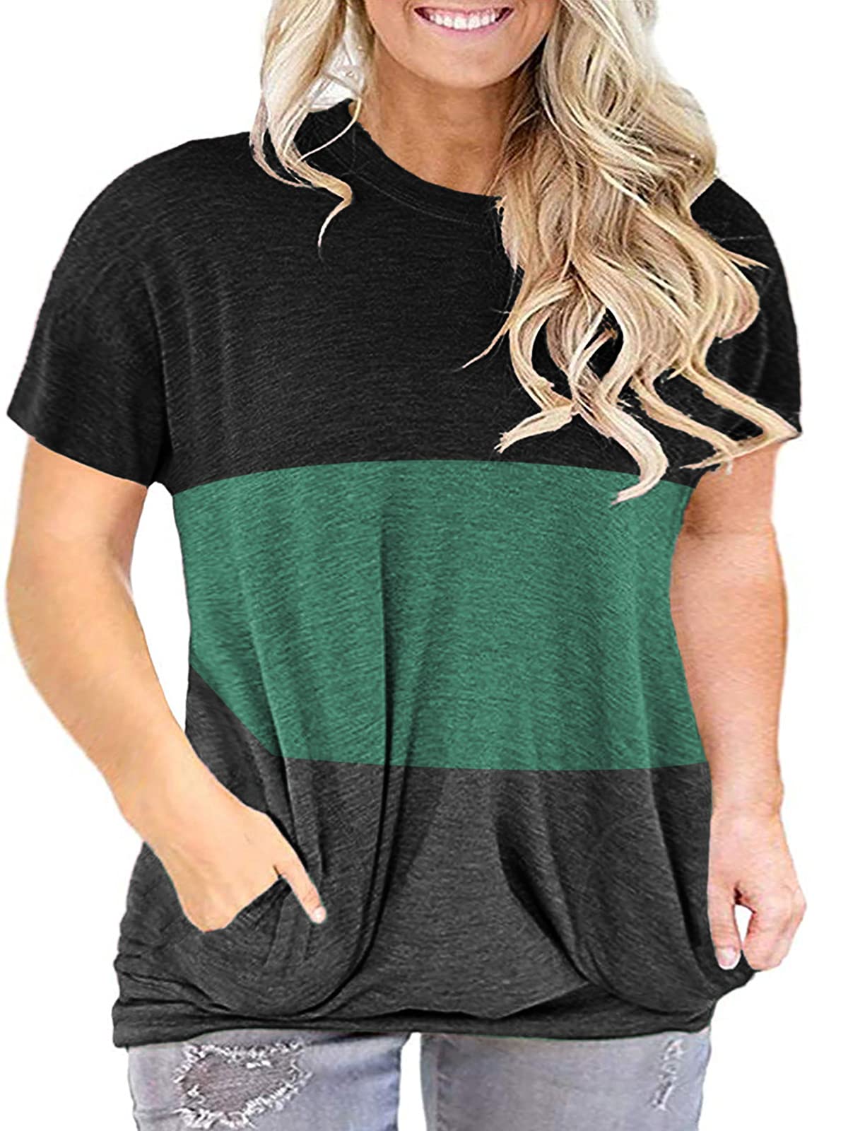 LANREMON Women's Plus Size Casual Short Sleeve Tunic Top with Pockets - Round Neck Loose Fit Blouse for Work, Travel & Everyday Wear
