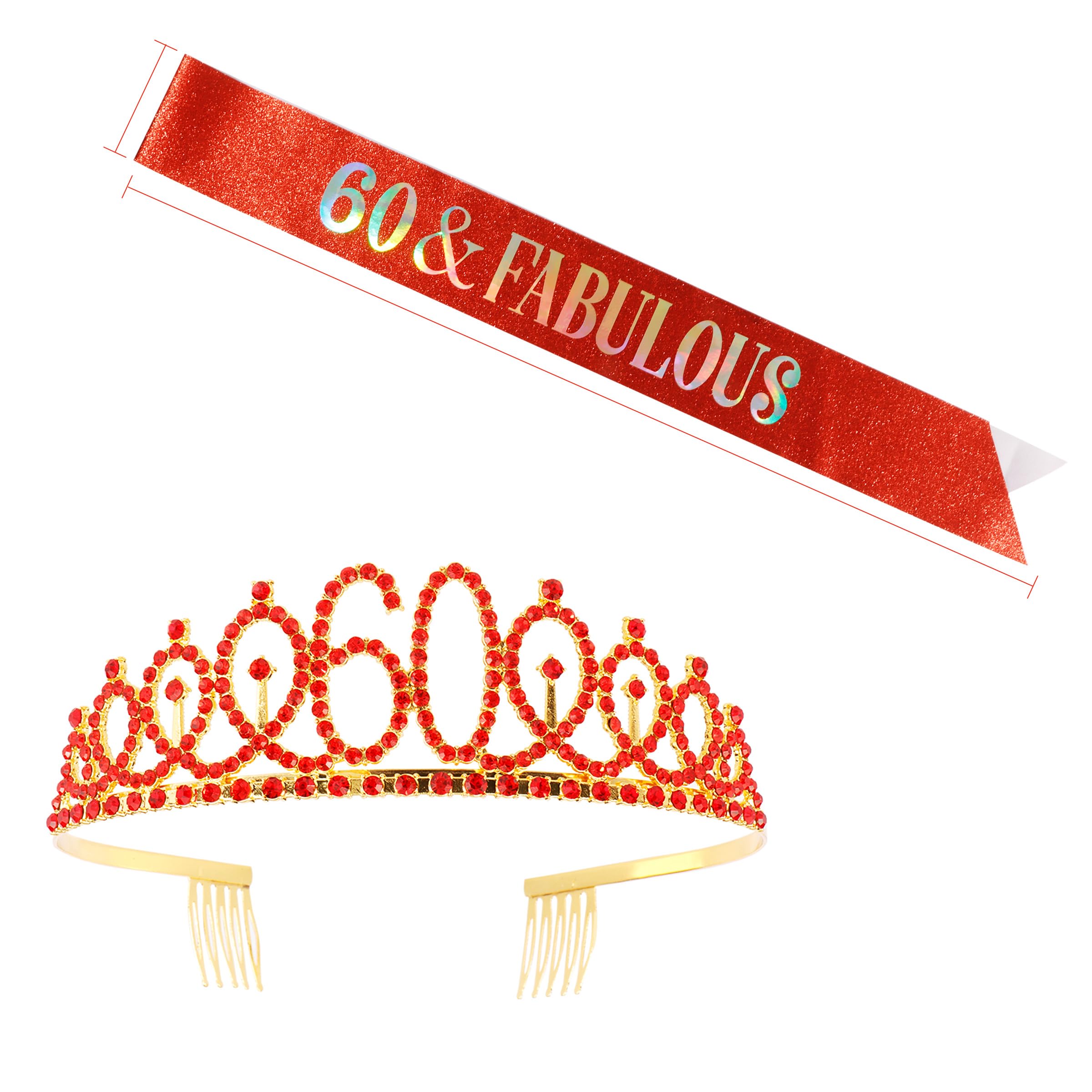 60th Birthday Sash & Tiara Set - Sparkling Red Birthday Crown for Women - 60th Birthday Party Decorations - Perfect for Milestone Celebrations, Birthday Photos & Special Occasions