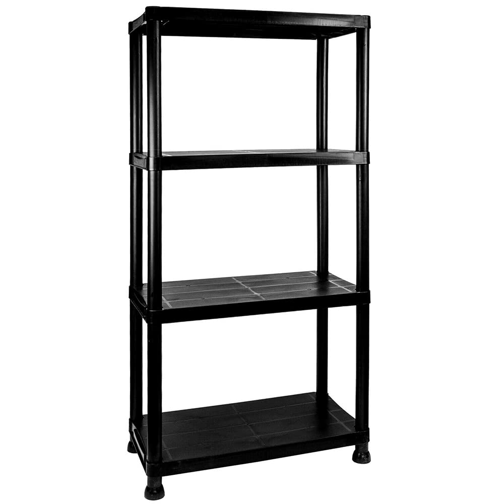 TAHA ® 4-Tier Heavy Duty Black Plastic Garage Storage Shelving Unit - 133x60x30cm - Sturdy Shelves for Garage, Shed, Basement & Workshop Organization - Ideal for Storing Tools, Gardening Supplies & Household Items