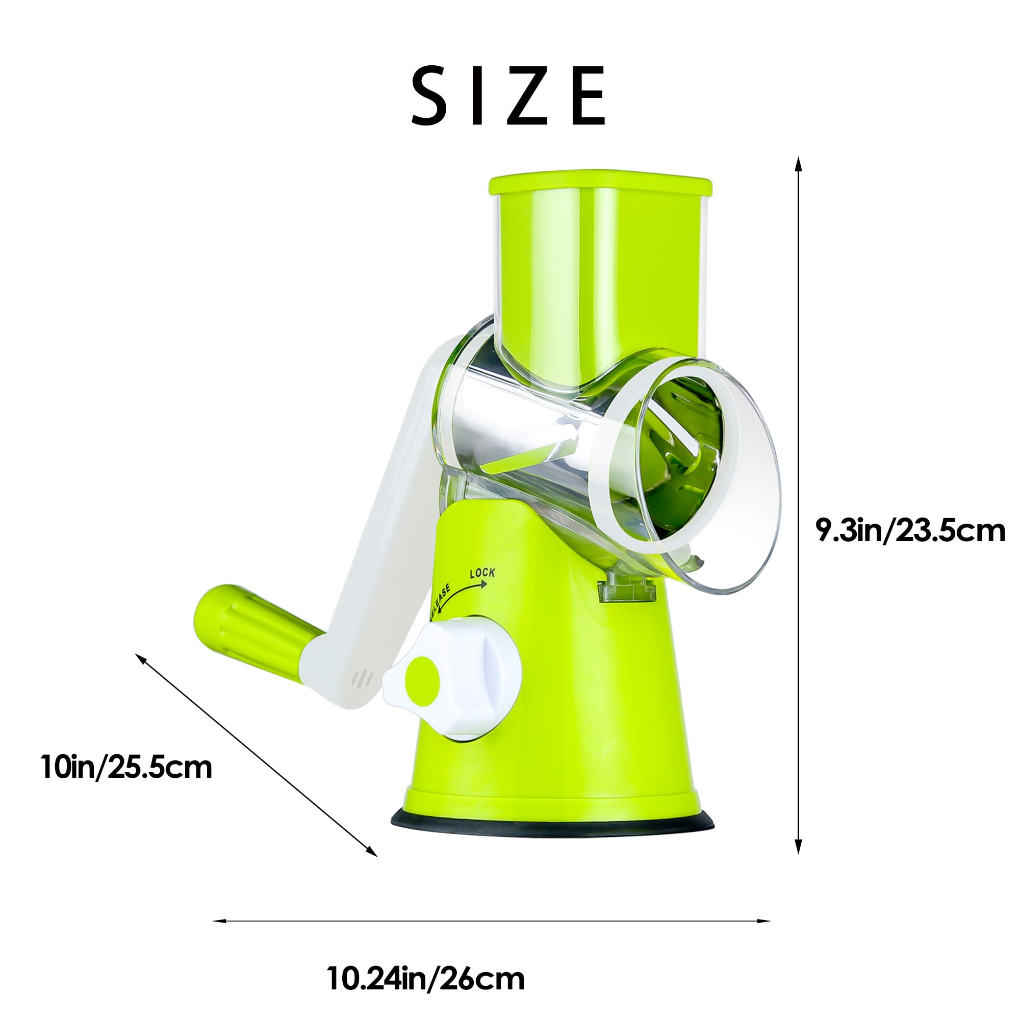 Premium Rotary Cheese Grater Shredder - 3 Interchangeable Blades for Cheese, Nuts, Carrots, Potatoes & More | Manual Round Mandolin Slicer with Safety Guard | Ideal for Kitchen, Camping & Meal Prep (Green)