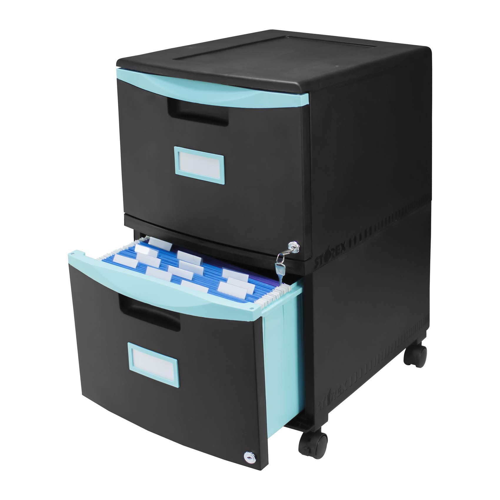 Storex Plastic Two-Drawer File Cabinet with Lock - Mobile Document Organizer for Home Office, Black (61315U01C) - Secure Storage for Files, Folders & Office Supplies
