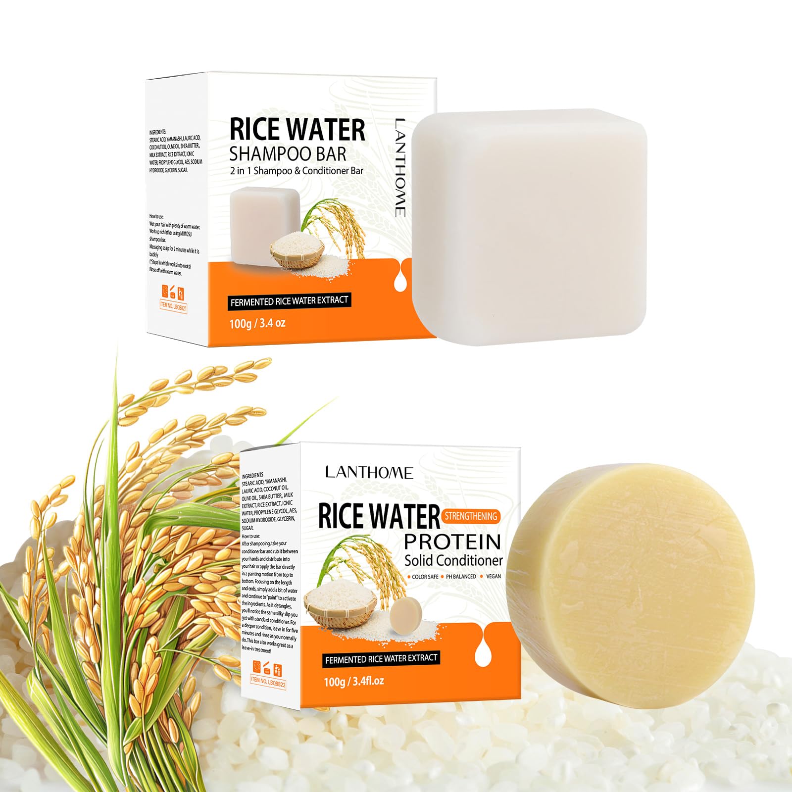 Vegan Fermented Rice Water Shampoo Bar & Protein Conditioner Set for Hair Growth - Sulfate Free, PH Balanced for Damaged & Thinning Hair - 2 Pack (6.8oz) - Perfect for Daily Hair Care & Travel Use