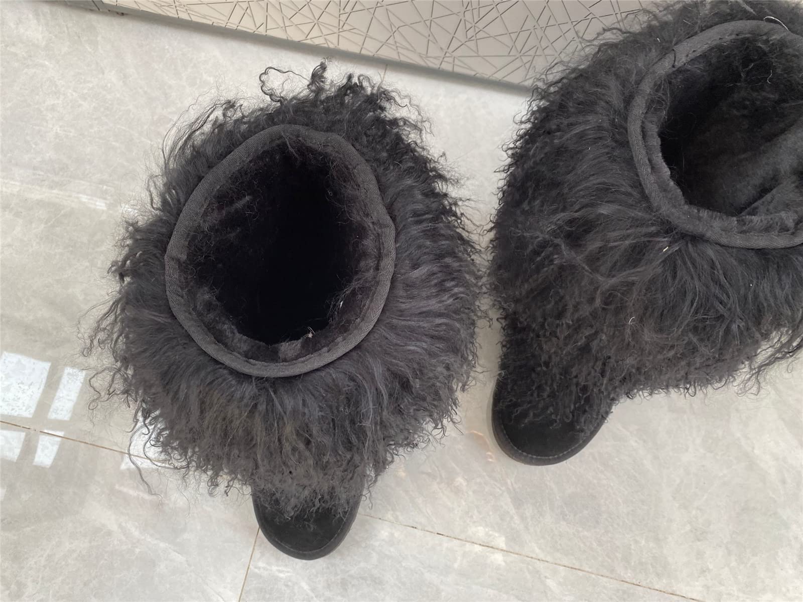 **Genuine Mongolian Lamb Fur Snow Boots for Women - Winter Warm Fuzzy Booties with Tibetan Sheep Fur Lining - Waterproof Mid Calf Yeti Boots for Outdoor & Indoor Use - Perfect for Snowy Days, Casual Wear & Fashion (Size 10, Black)**