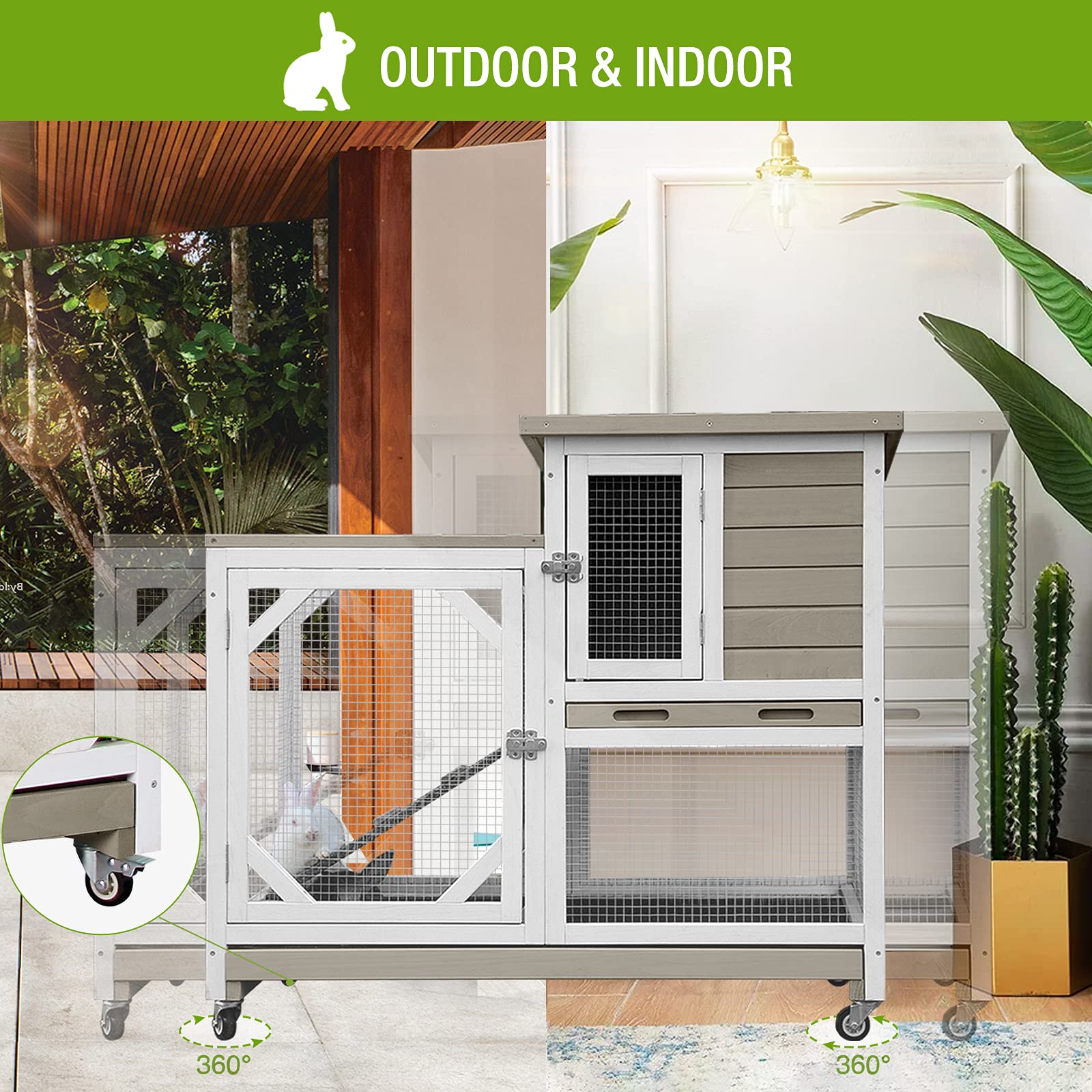 GUTINNEEN Indoor Outdoor Rabbit Hutch with Wheels - Bunny Cage with 2 Deep No-Leak Pull-Out Trays, Wire Mesh Free Bottom - Perfect for Backyard, Patio & Pet Play Areas
